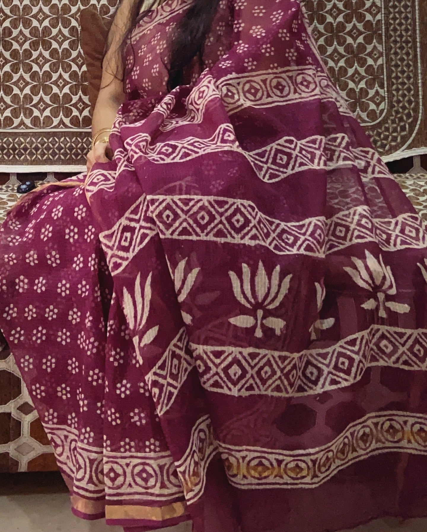 Wine floral butti cotton kota doria zari border saree