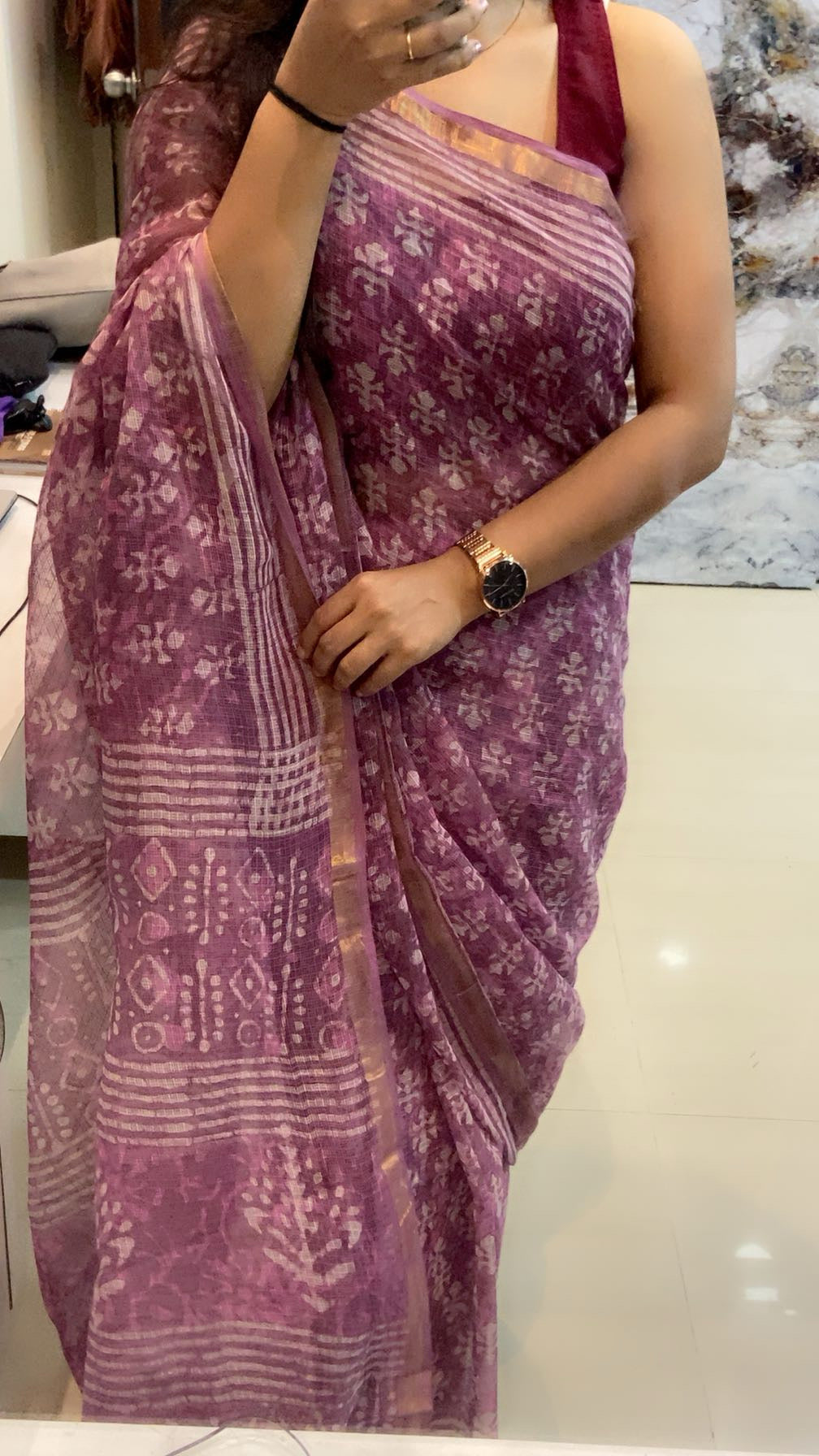 Mauve pink cotton kota doria zari border saree
