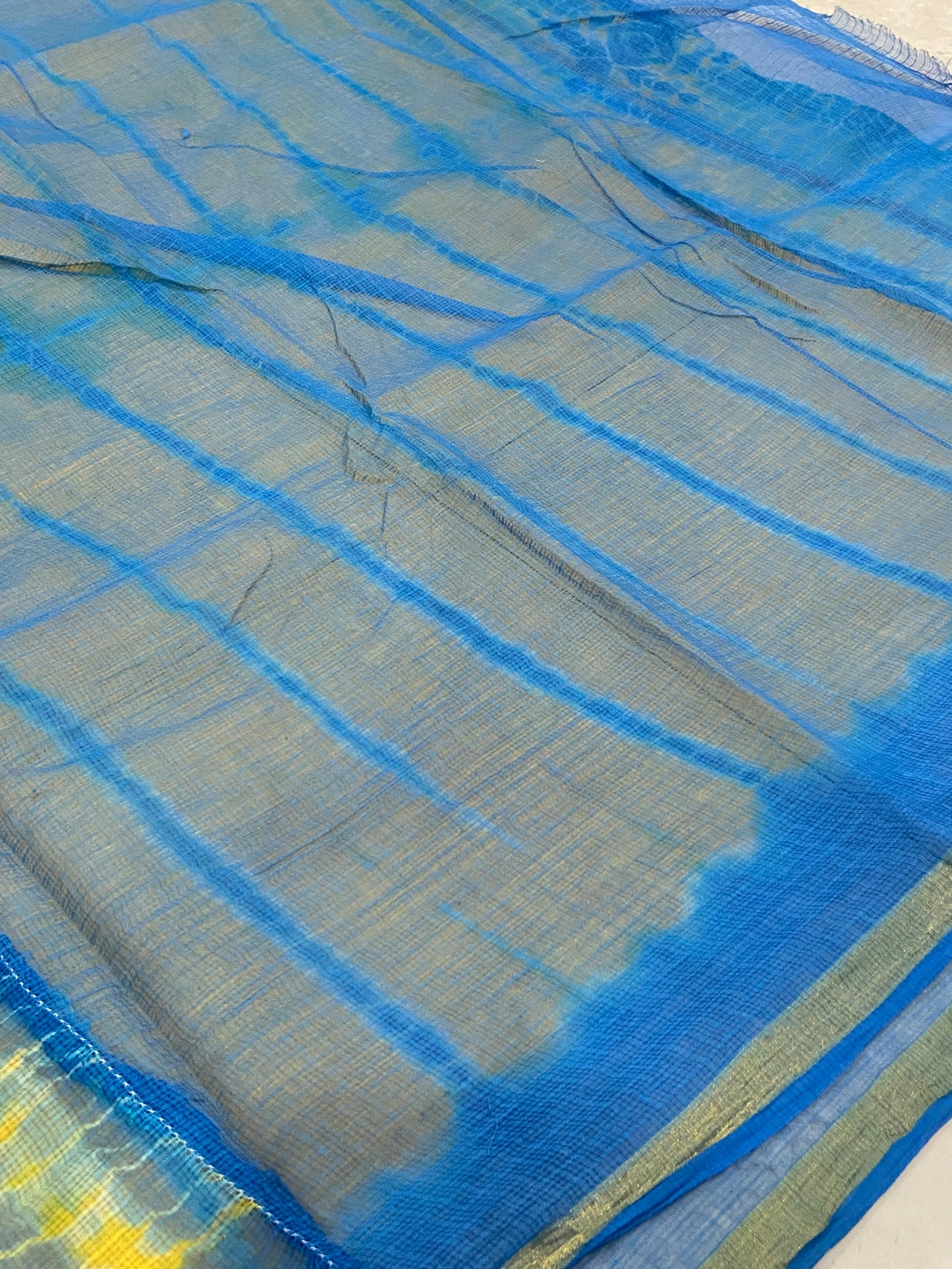 Yellow and Blue Cotton Kota doria zari border saree