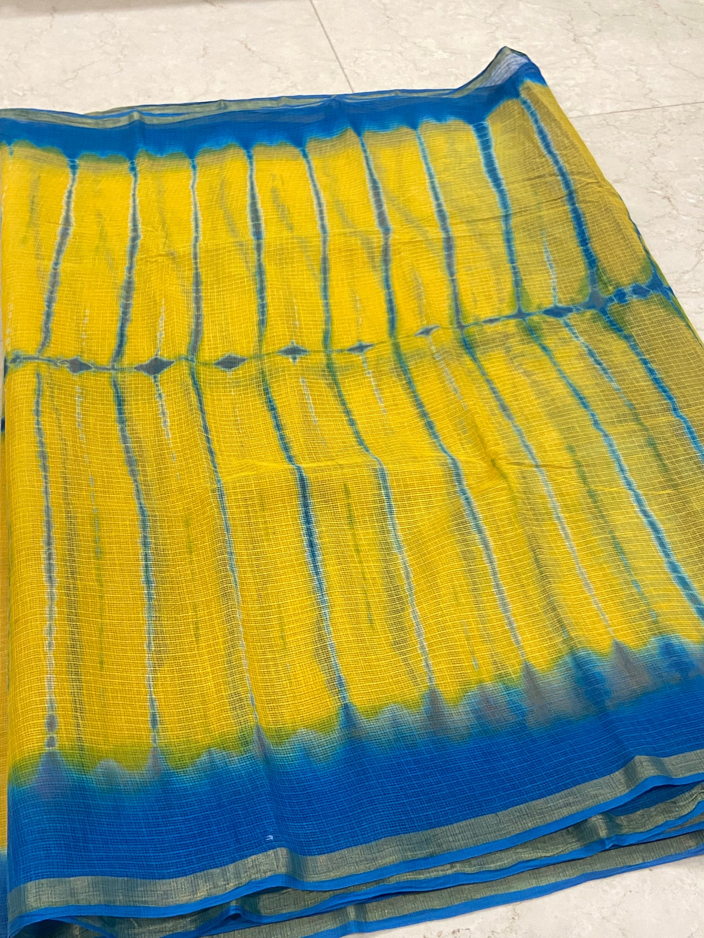 Yellow and Blue Cotton Kota doria zari border saree