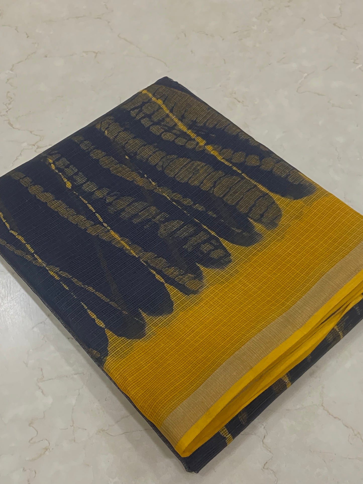Yellow and Black Bagru Hand Block Printed Cotton Kota Doria Zari Border Saree