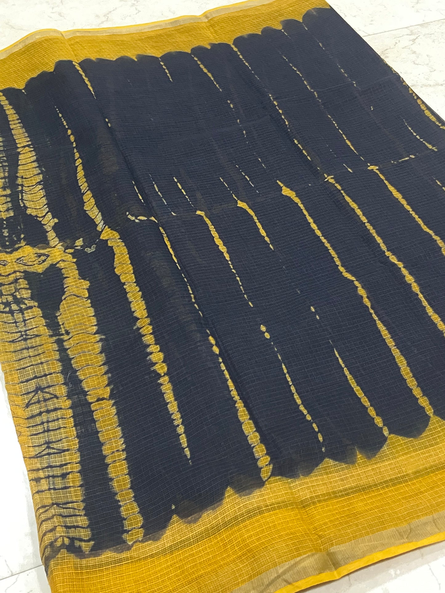Yellow and Black Bagru Hand Block Printed Cotton Kota Doria Zari Border Saree