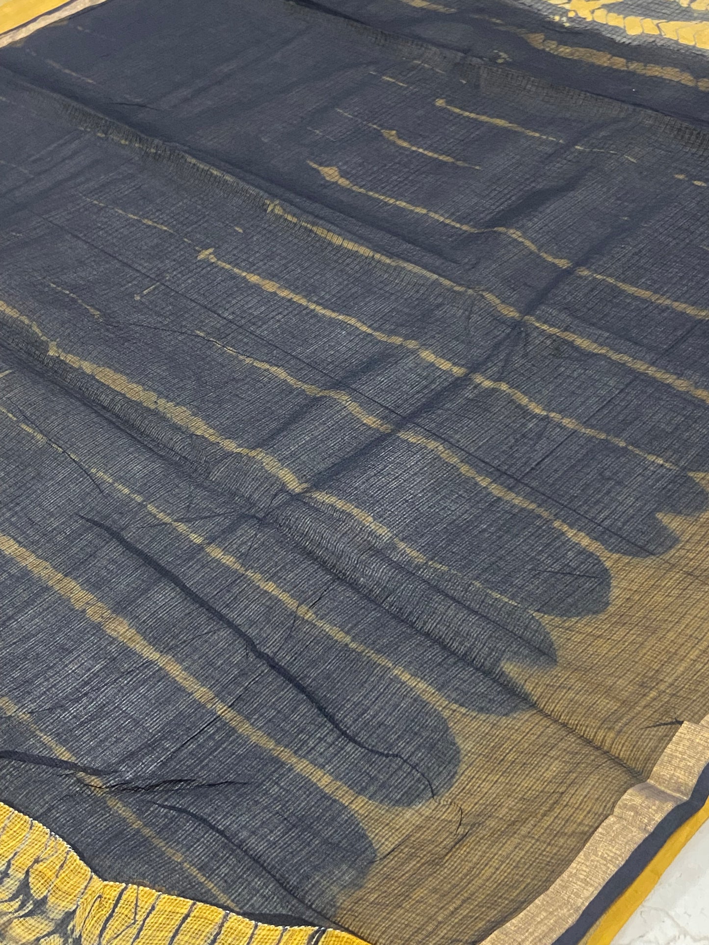 Yellow and Black Bagru Hand Block Printed Cotton Kota Doria Zari Border Saree