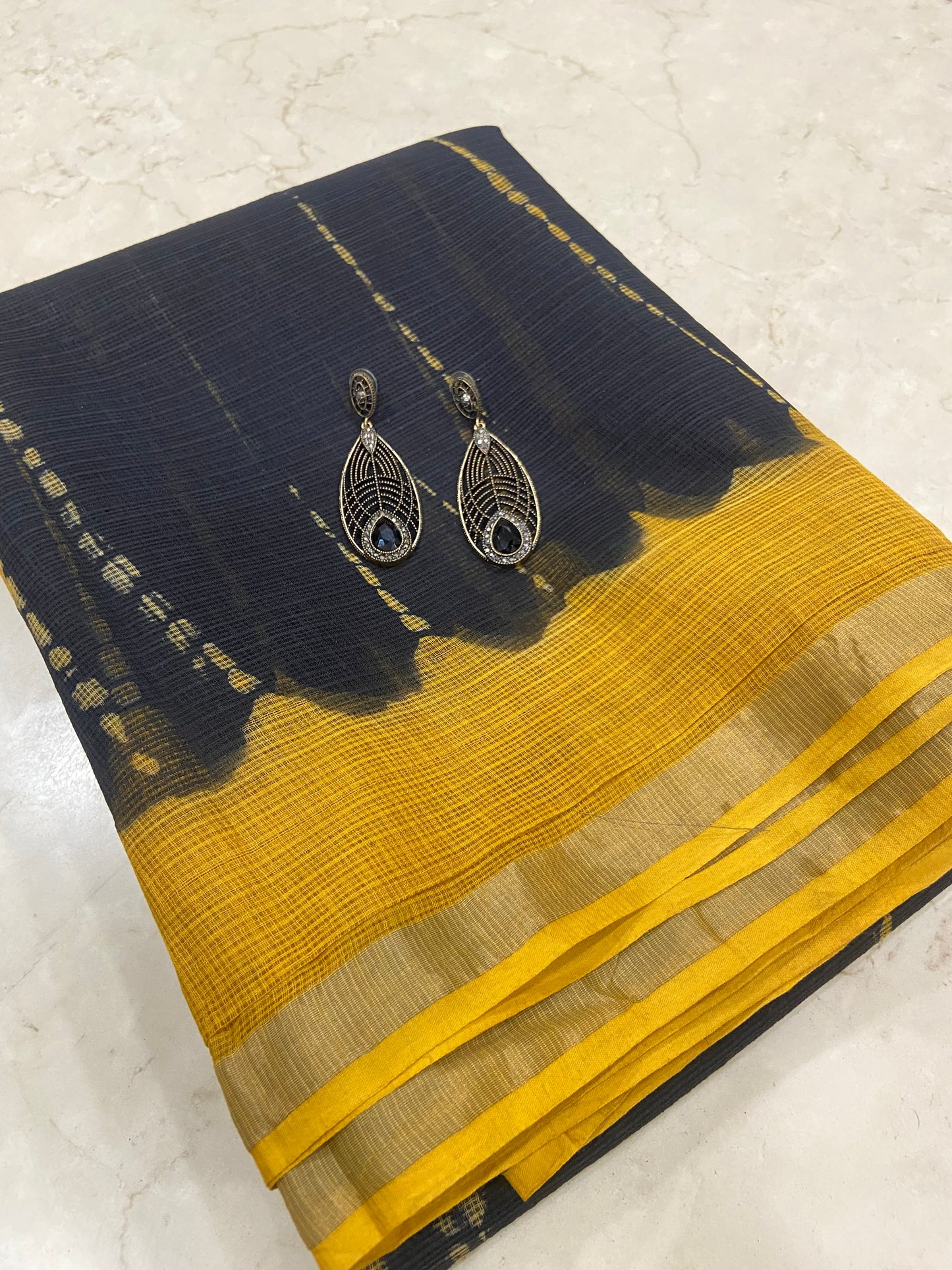 Yellow and Black Bagru Hand Block Printed Cotton Kota Doria Zari Border Saree