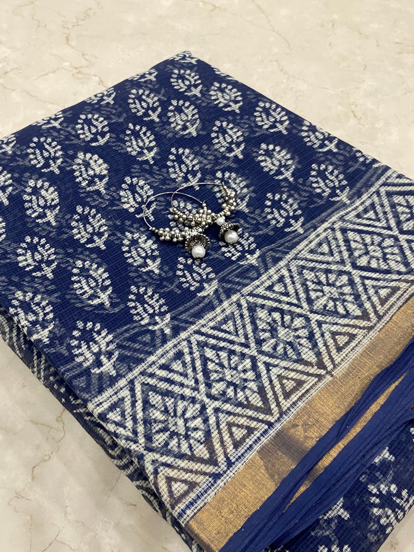 Indigo flower booti printed cotton kota doria zari border saree