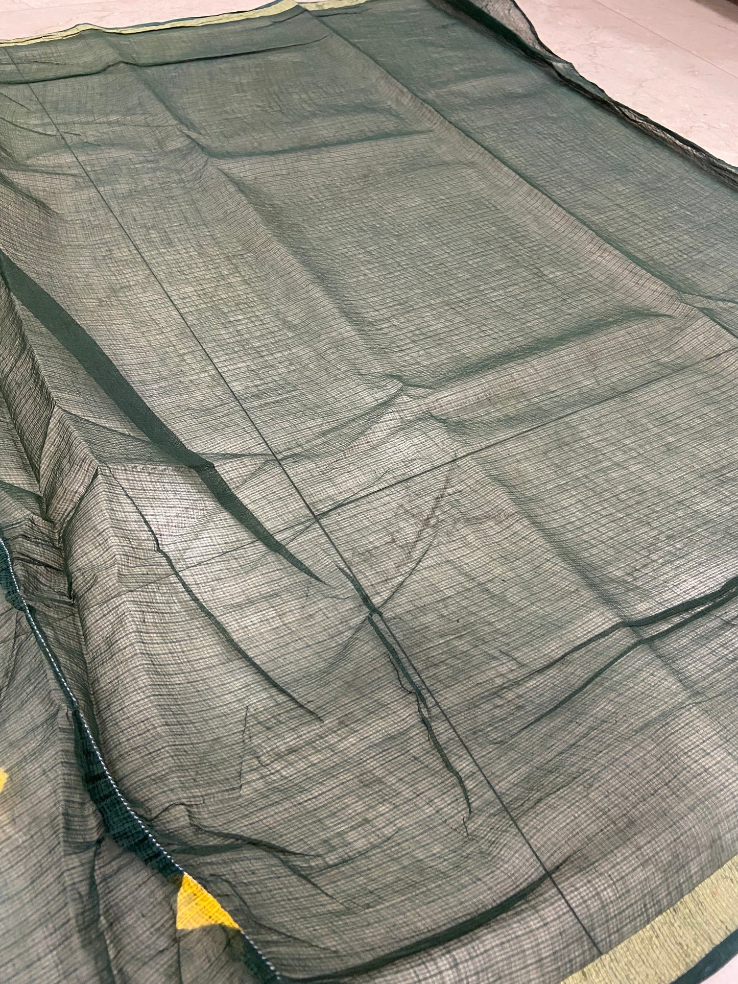 Bandhani printed green and yellow cotton kota doria zari border saree