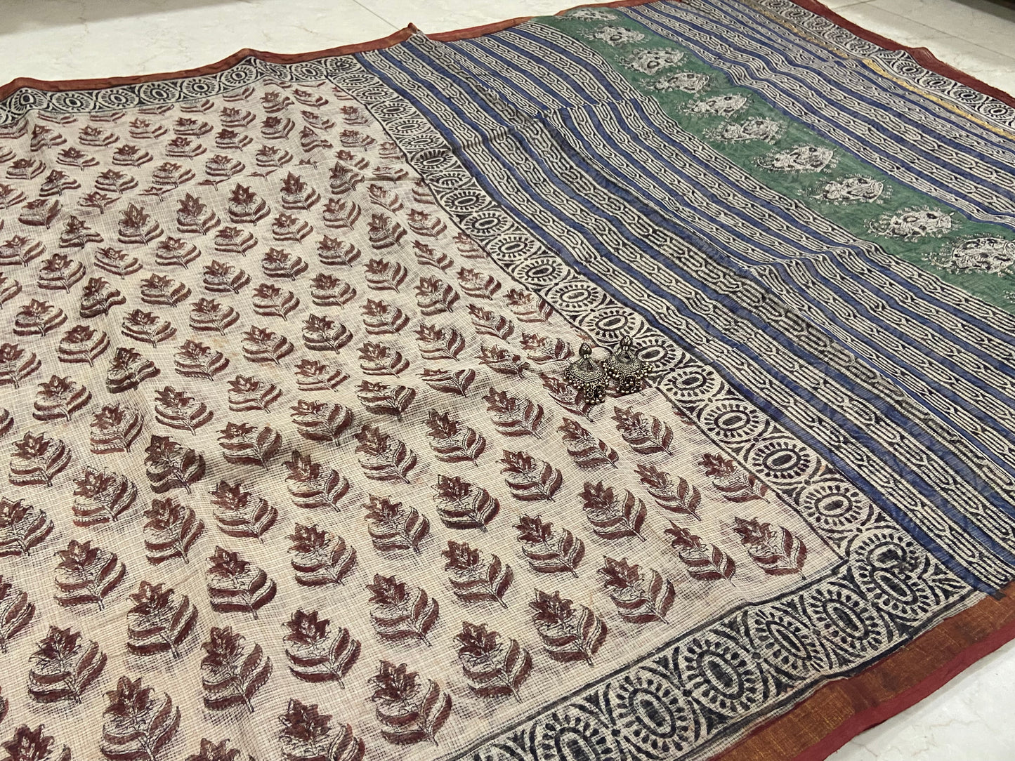 Brown flower butti cotton kota doria saree