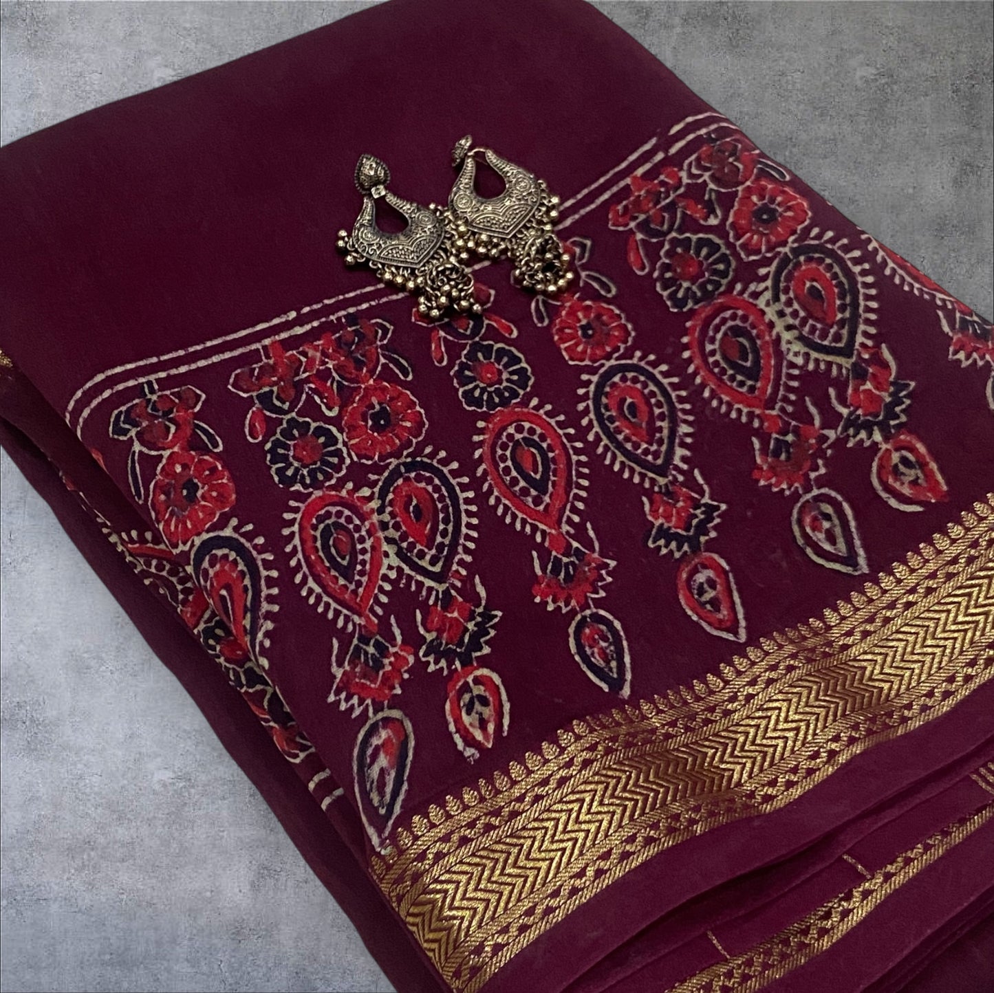 Burgundy maheshwari cotton silk zari border saree