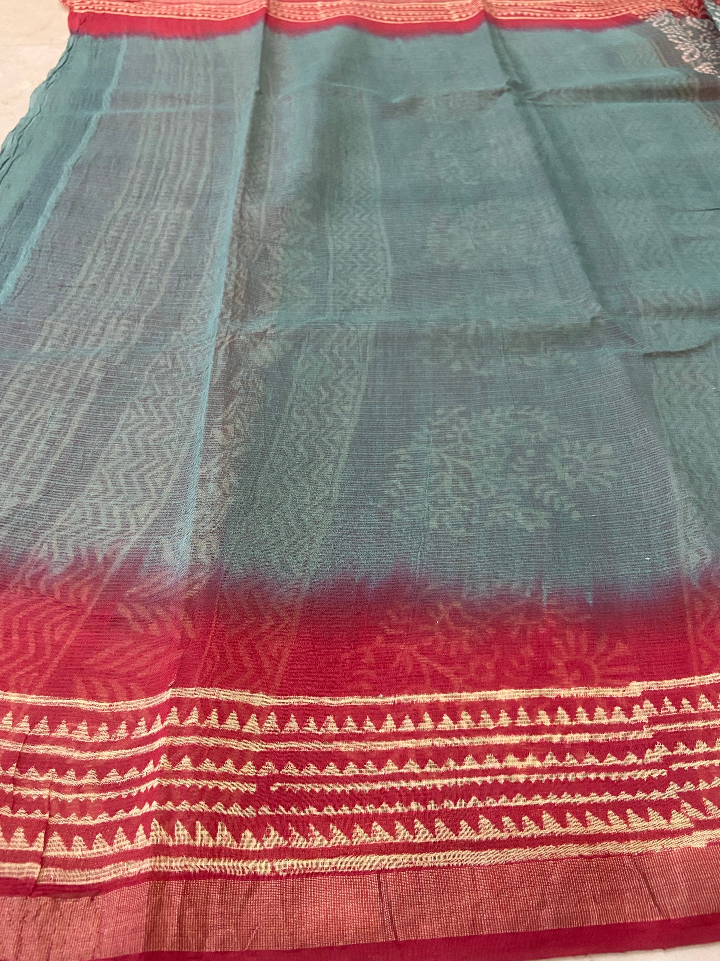 Light Teal and red border cotton kota doria saree