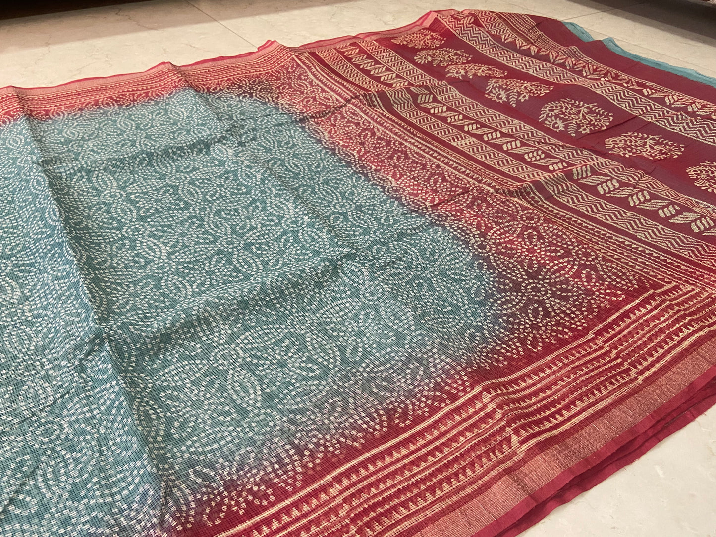 Light Teal and red border cotton kota doria saree