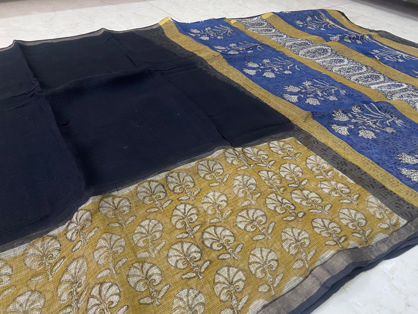 Black and yellow border cotton kota doria saree