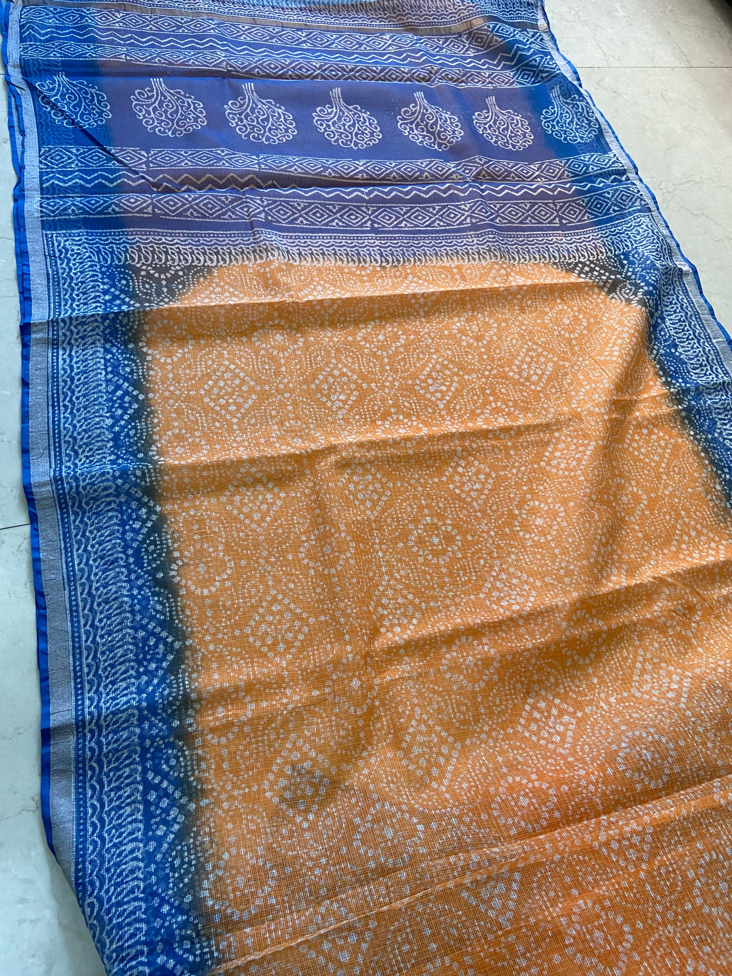 Orange and blue border cotton kota doria saree
