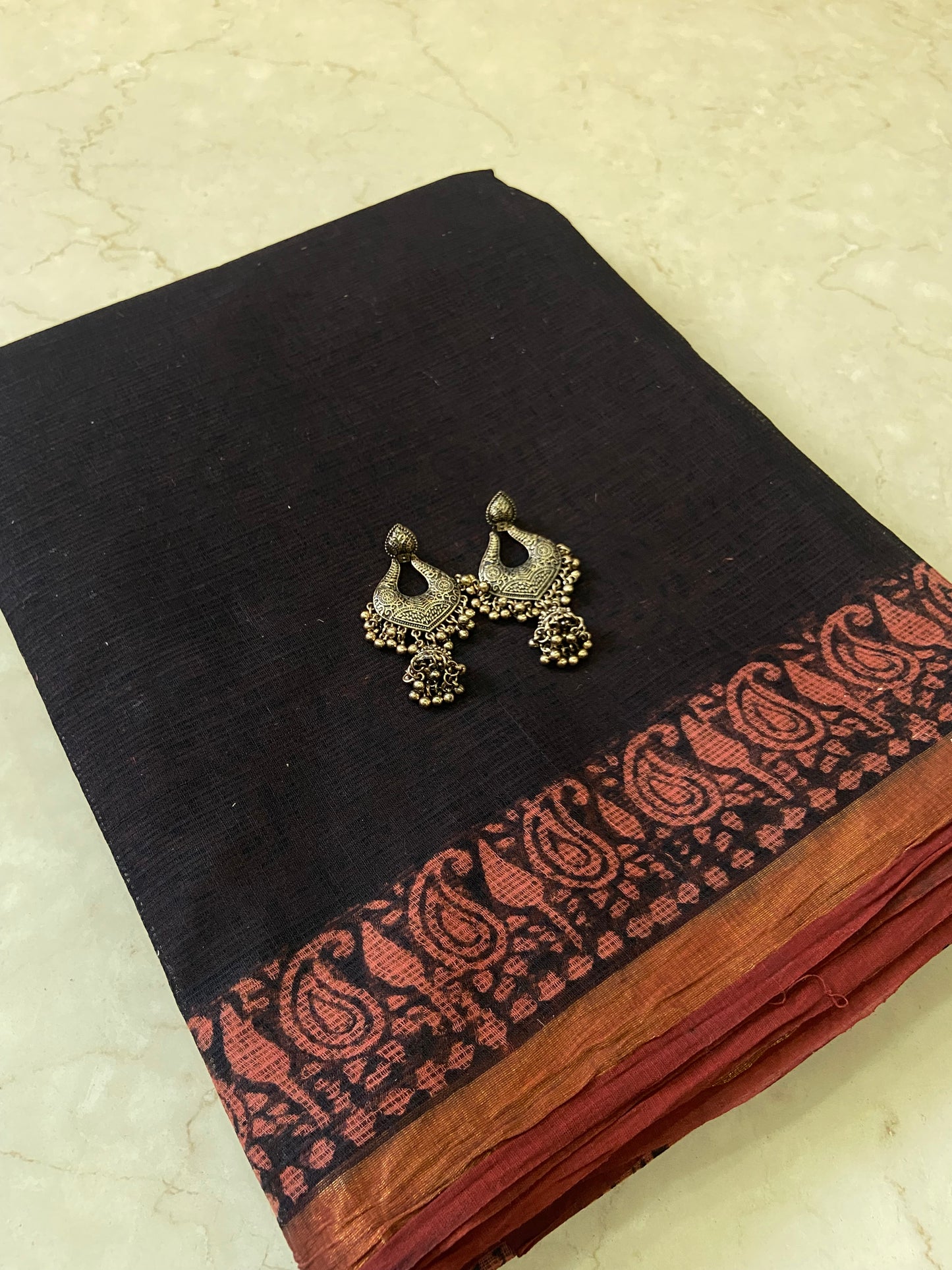 Black and red border cotton kota doria saree