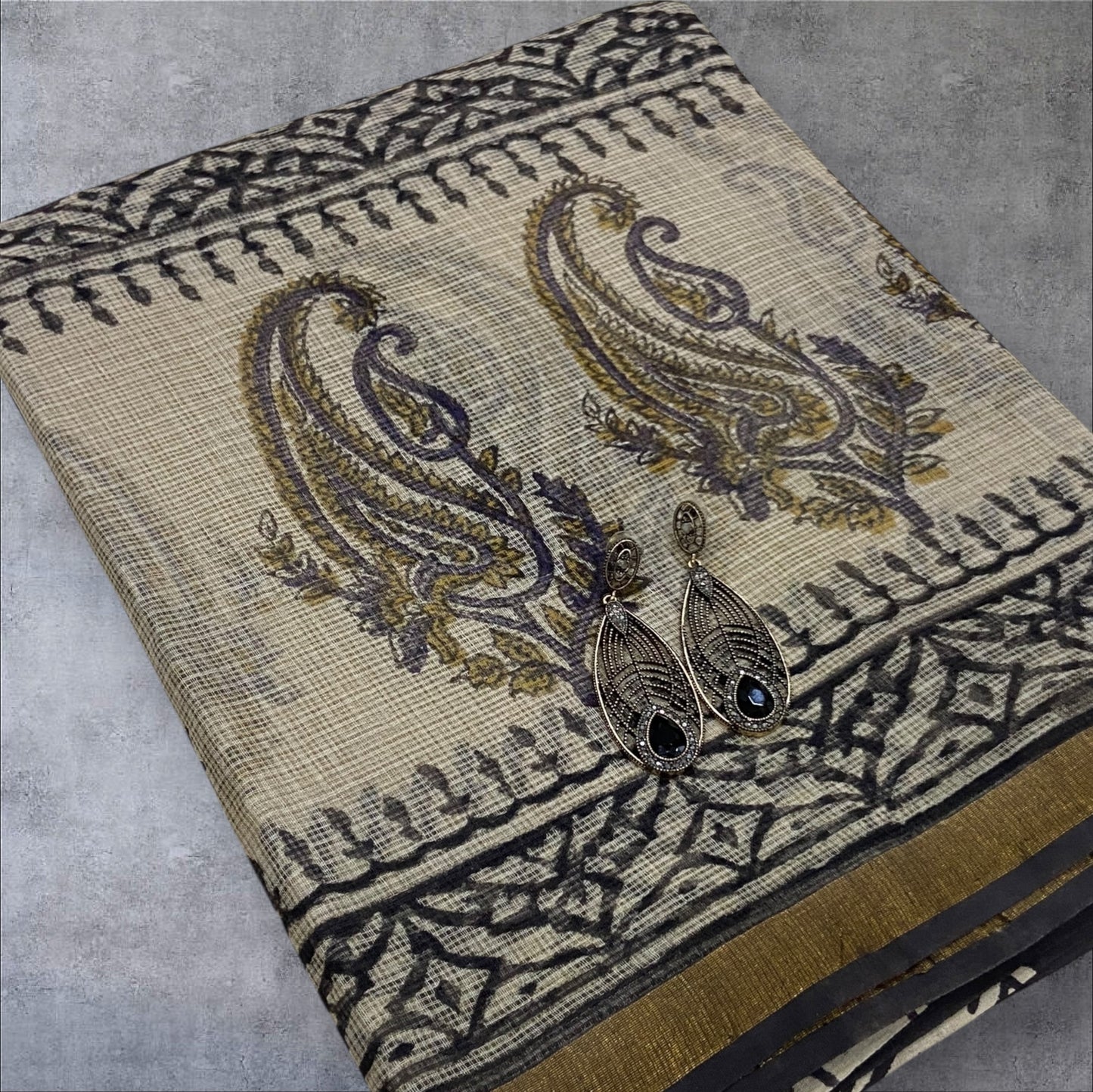 Black and mango motifs cotton kota doria saree