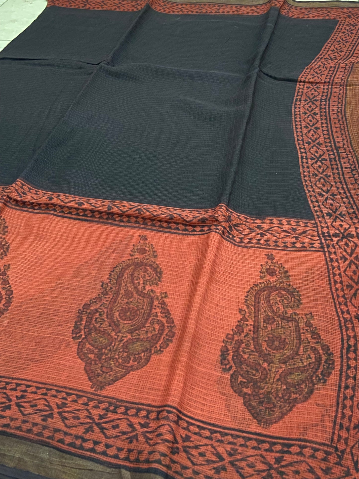 Black and ted cotton kota doria saree