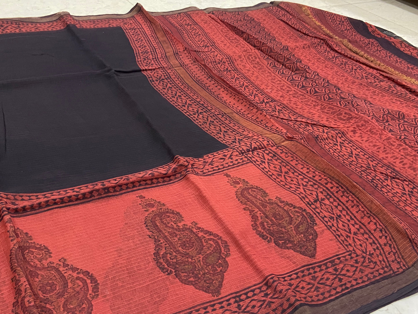 Black and ted cotton kota doria saree