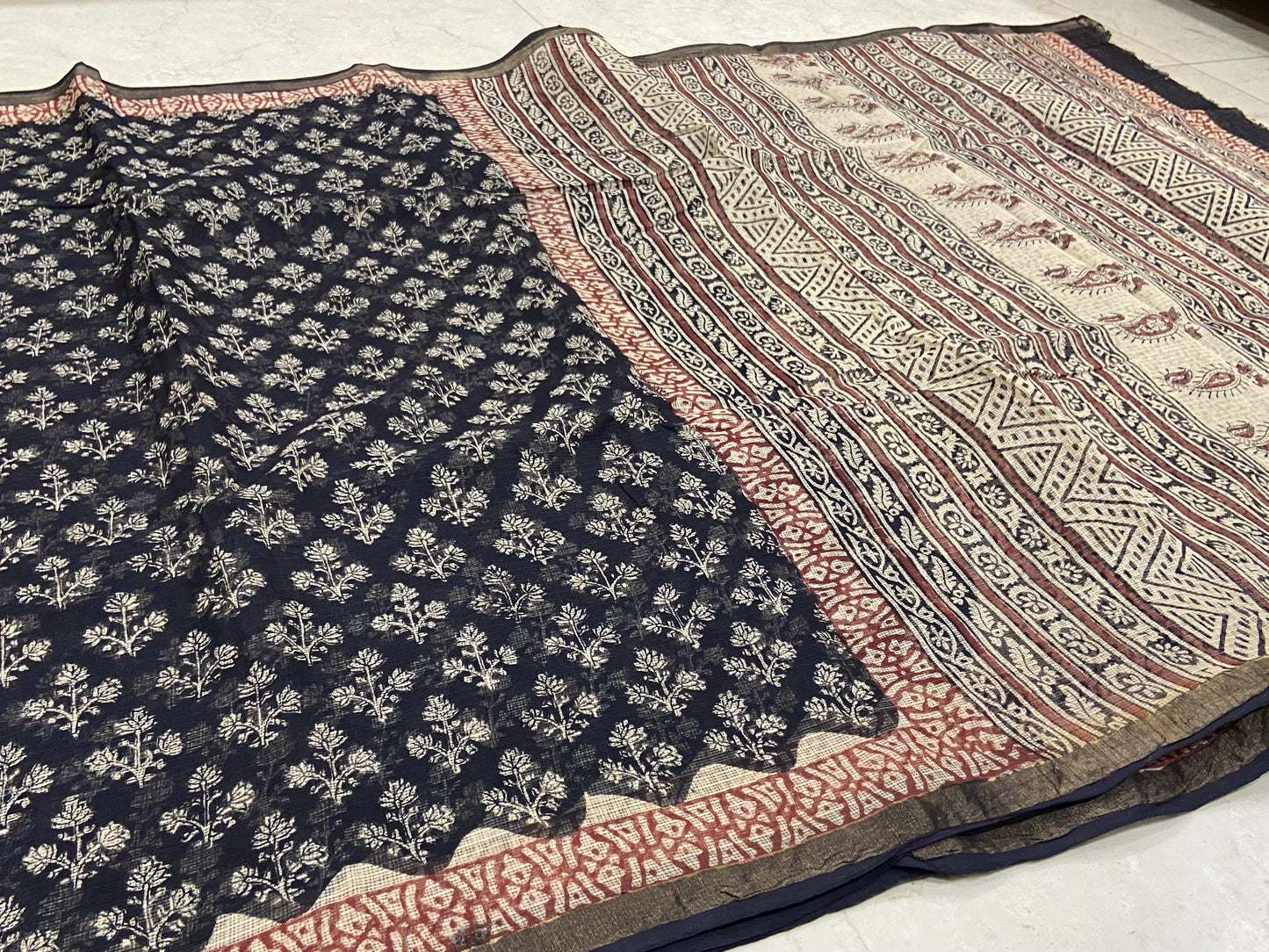 Black flowers handblock printed kota doria saree