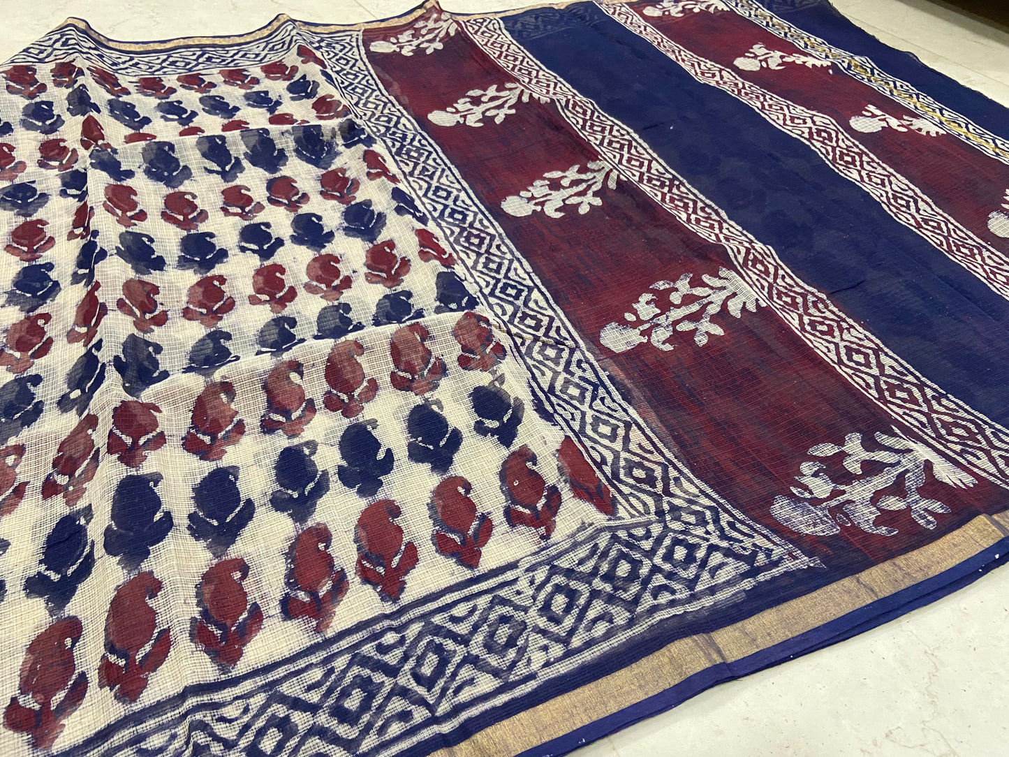 Blue and white cotton kota doria saree