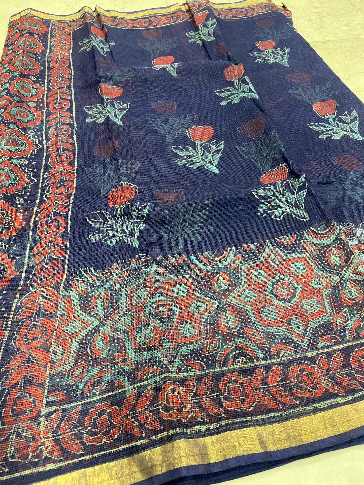 Blue and red rose handblock printed cotton kota doria saree