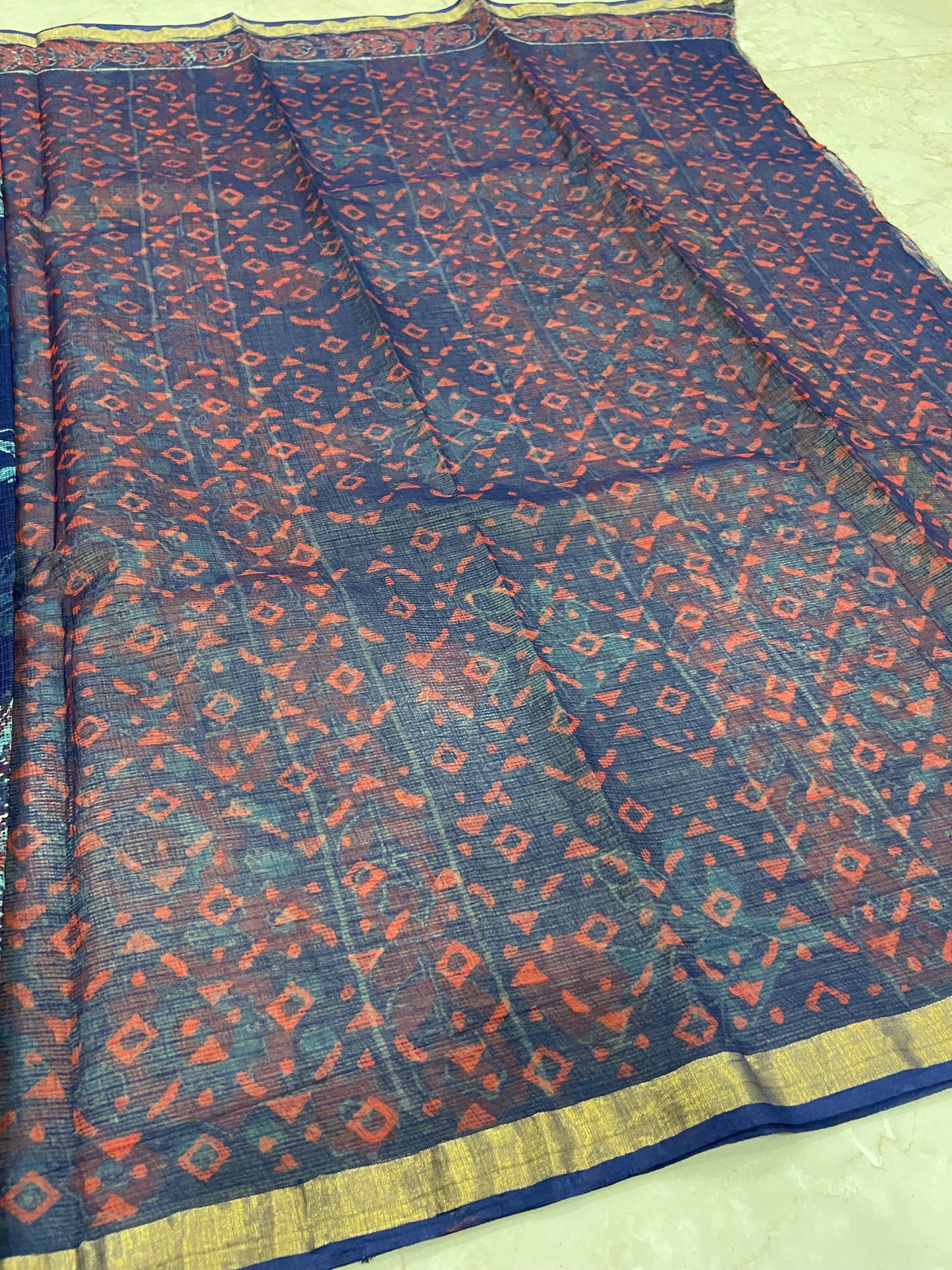 Blue and red rose handblock printed cotton kota doria saree
