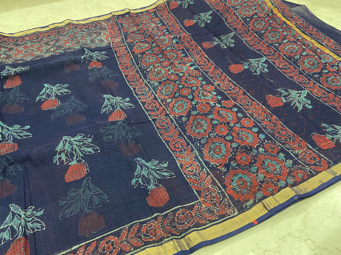 Blue and red rose handblock printed cotton kota doria saree