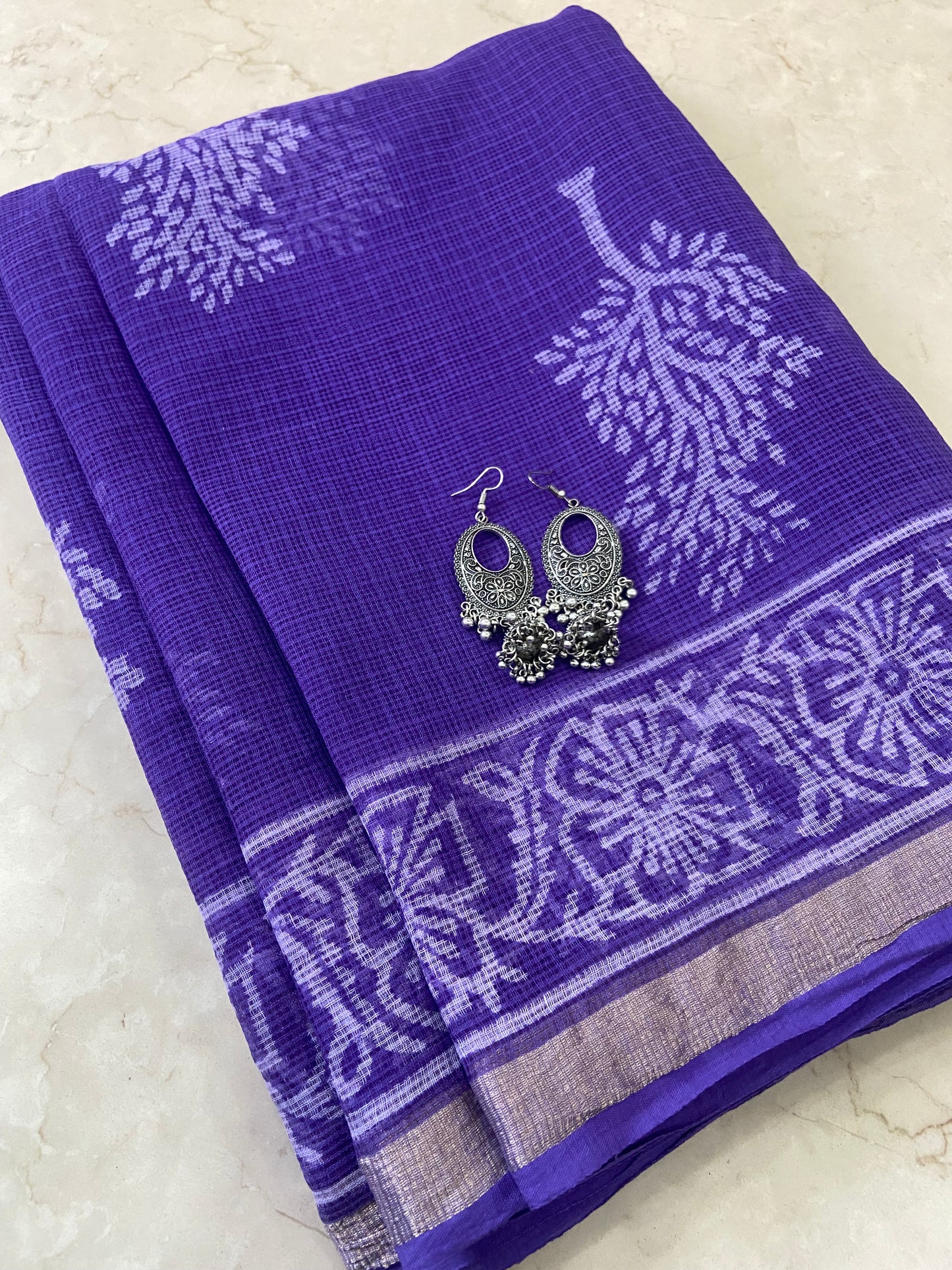 Lavender tree handblock printed cotton kota doria saree