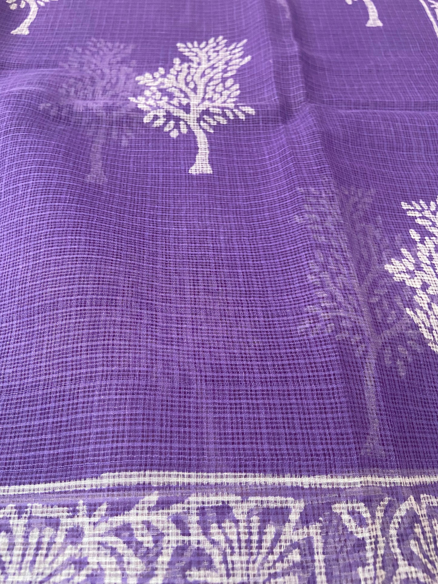 Lavender tree handblock printed cotton kota doria saree