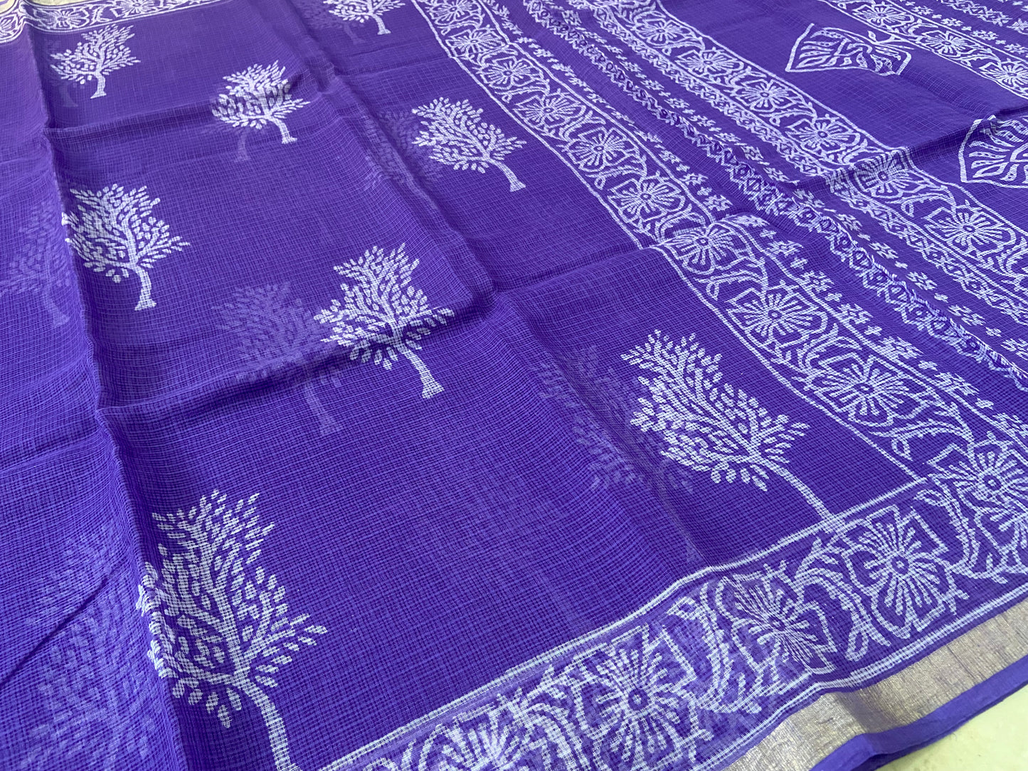Lavender tree handblock printed cotton kota doria saree