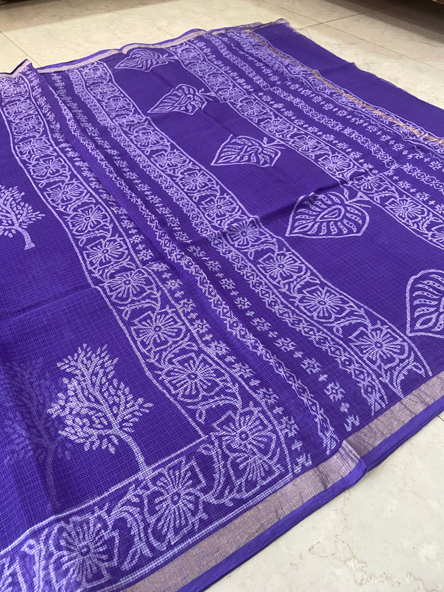 Lavender tree handblock printed cotton kota doria saree