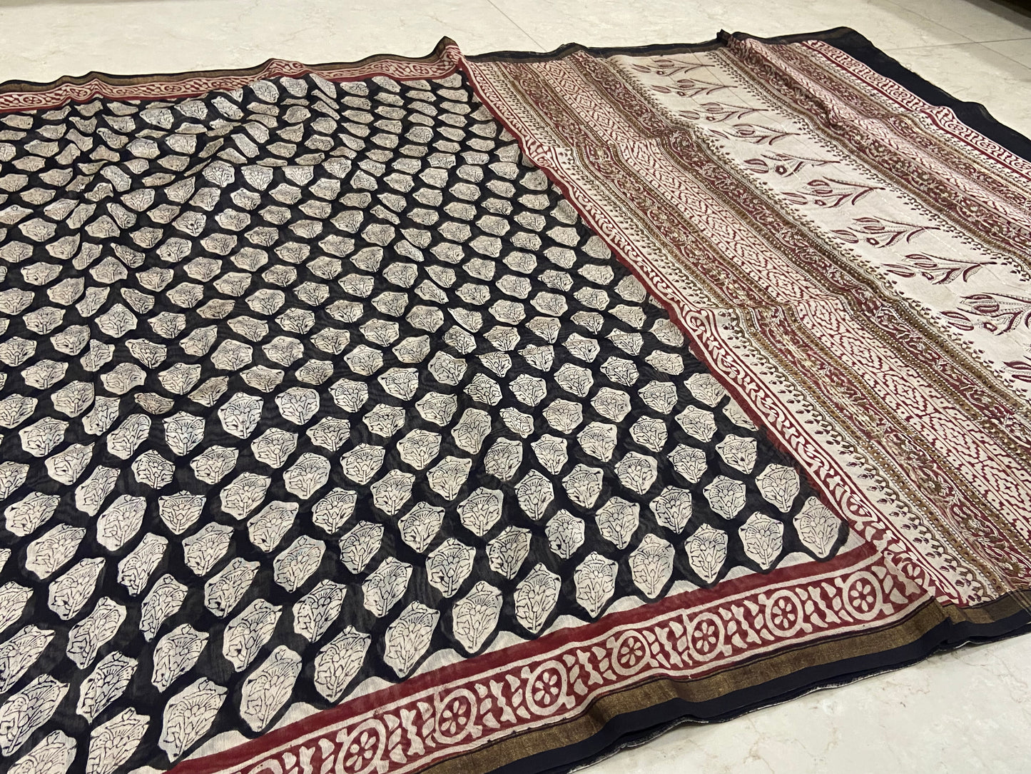 Black and brown chanderi cotton silk zari border saree