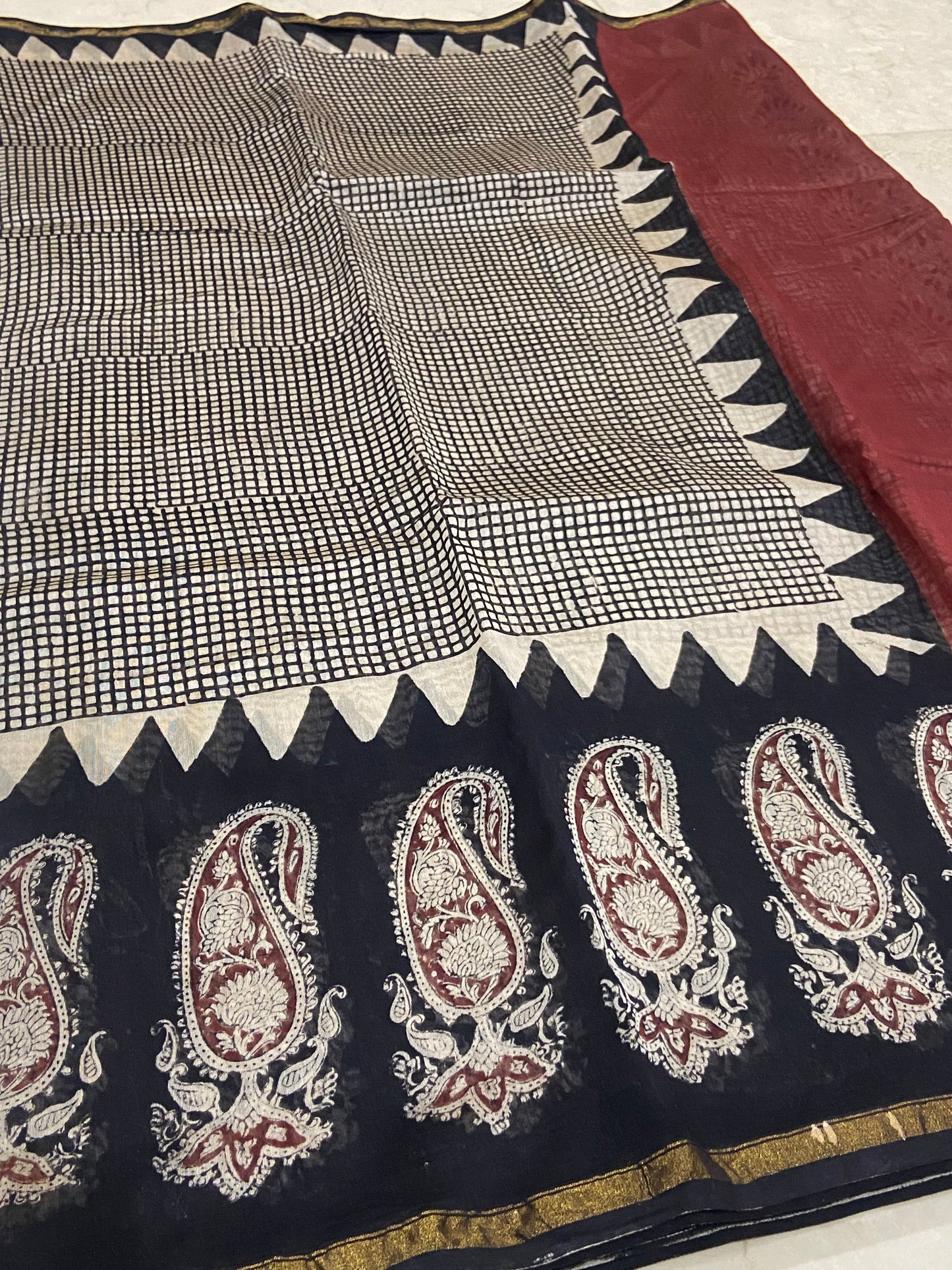 Black Checkered mango border chanderi cotton silk saree
