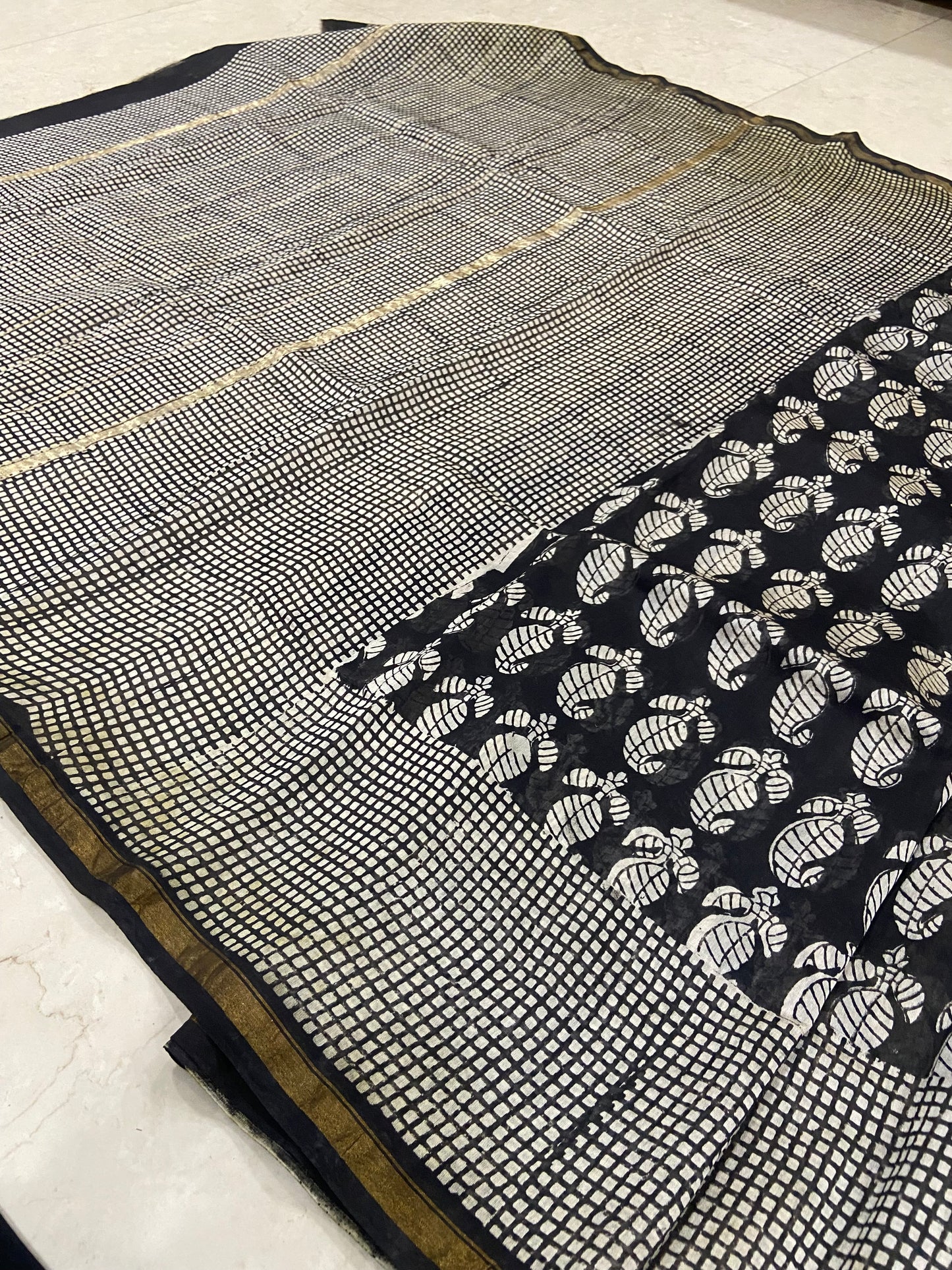 Black mango buttis chanderi cotton silk zari border saree
