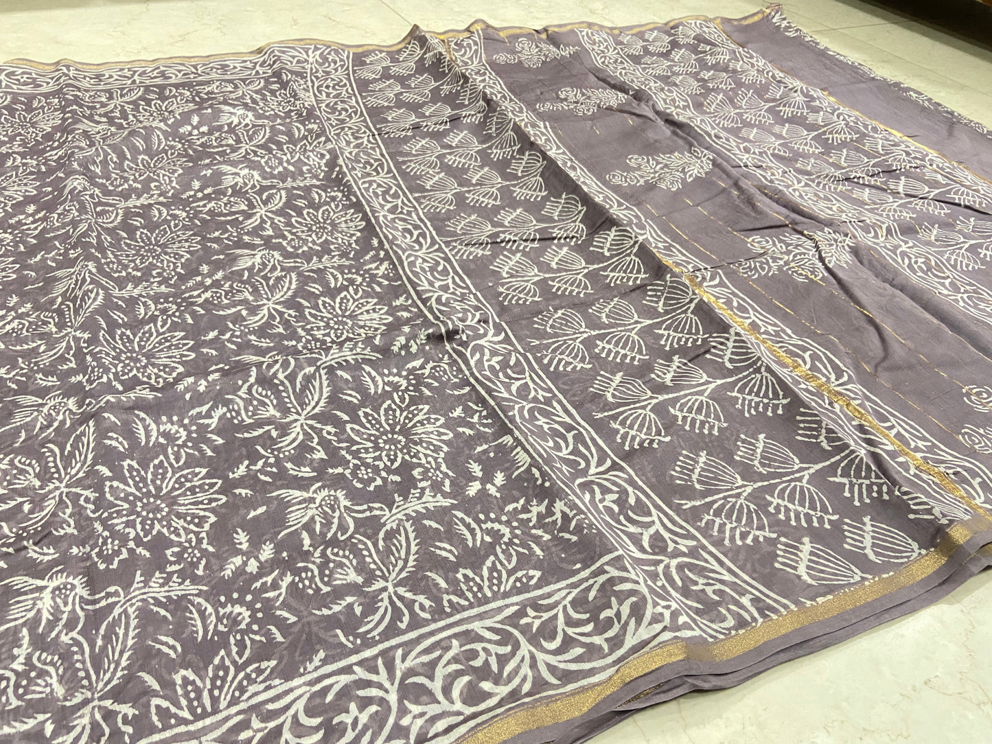 Grey chanderi cotton silk zari border saree