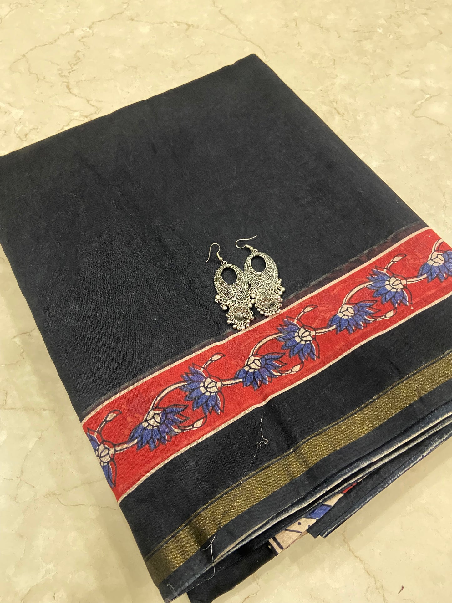 Black chanderi cotton silk zari border saree