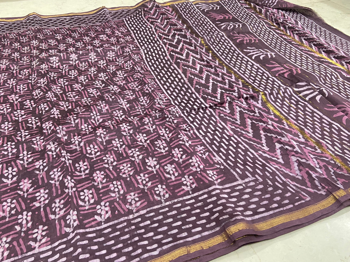 Mauve pink chanderi cotton silk zari border saree