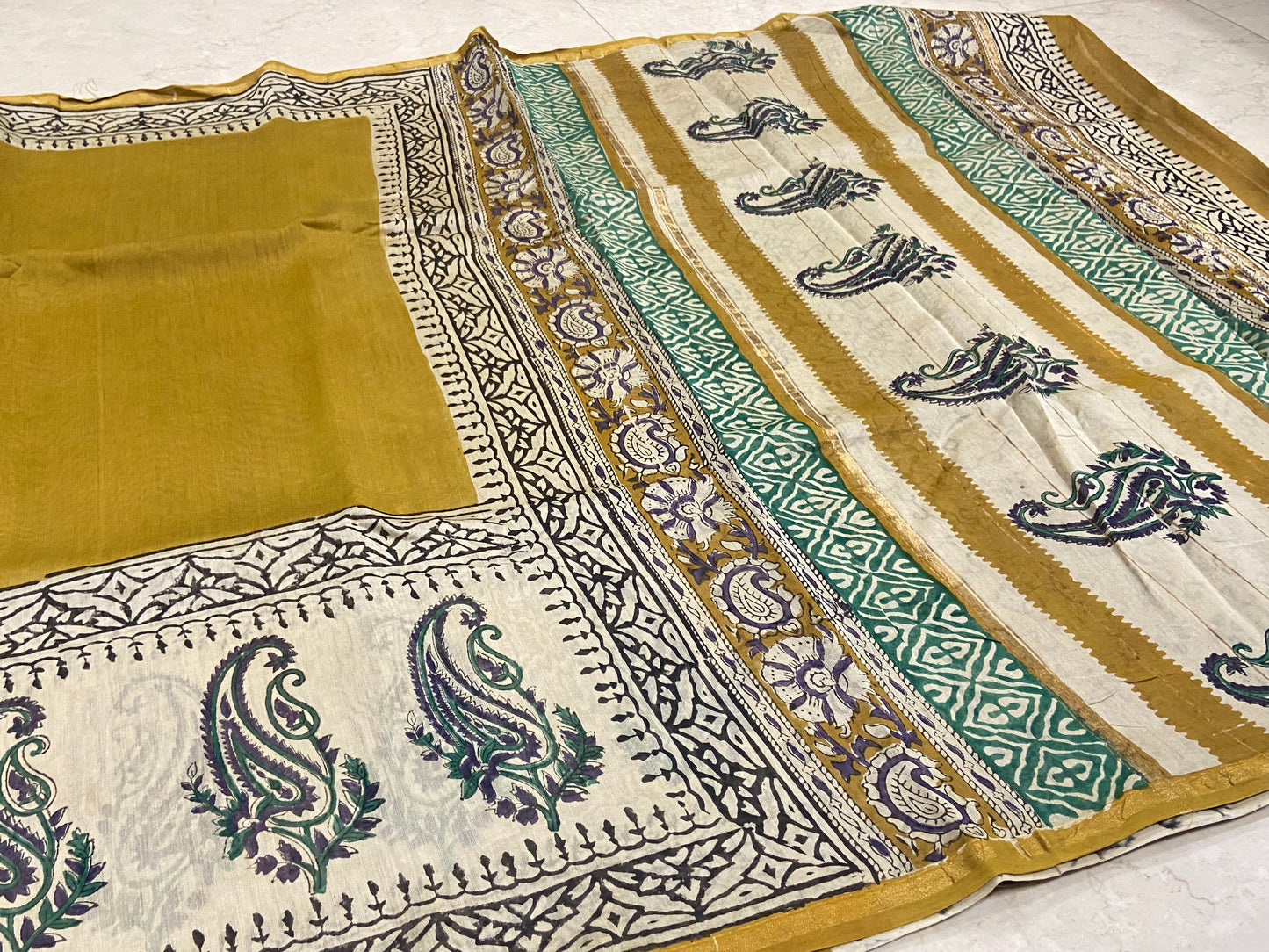 Mustard yellow chanderi cotton silk zari border saree