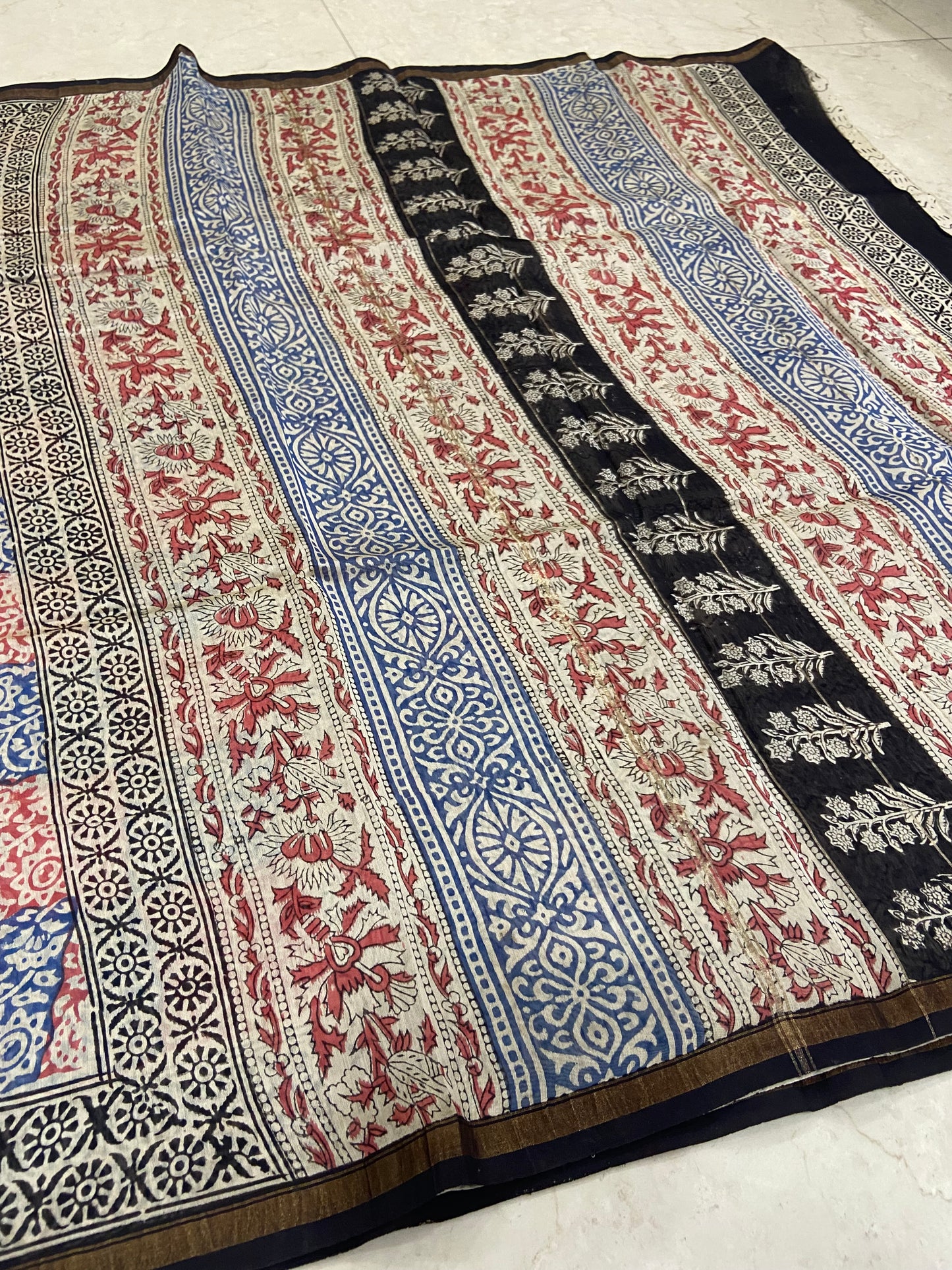 Blue and red checks chanderi cotton silk saree