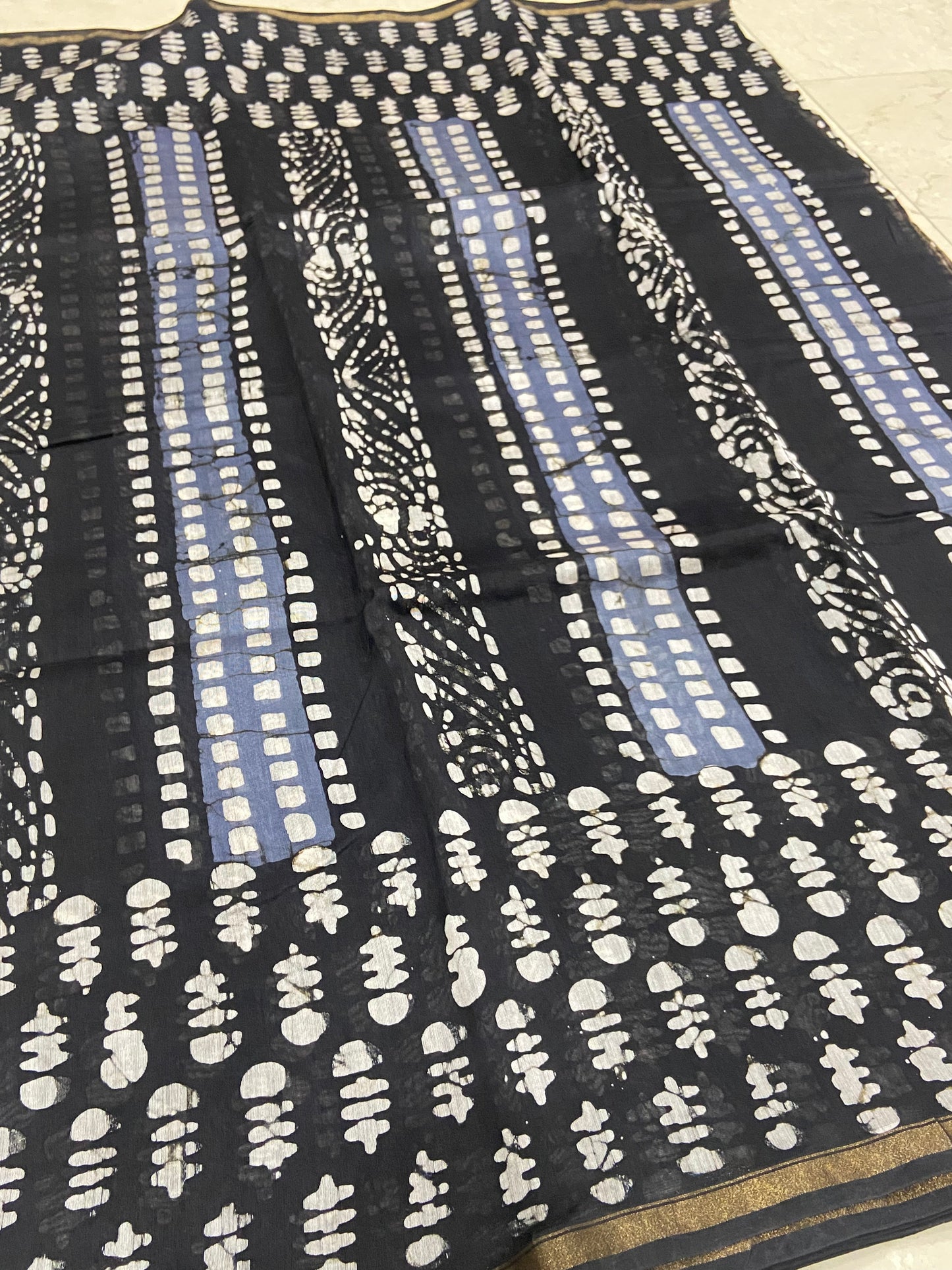 Black and blue pattern chanderi cotton silk saree