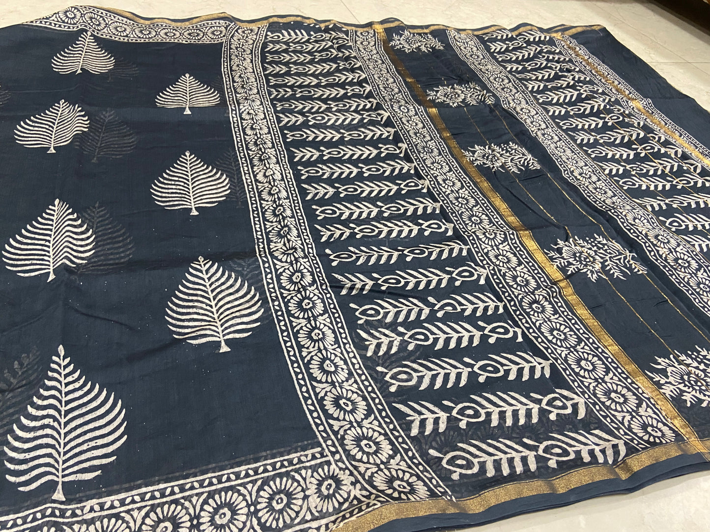 Navy blue leaf buttis chanderi cotton silk saree