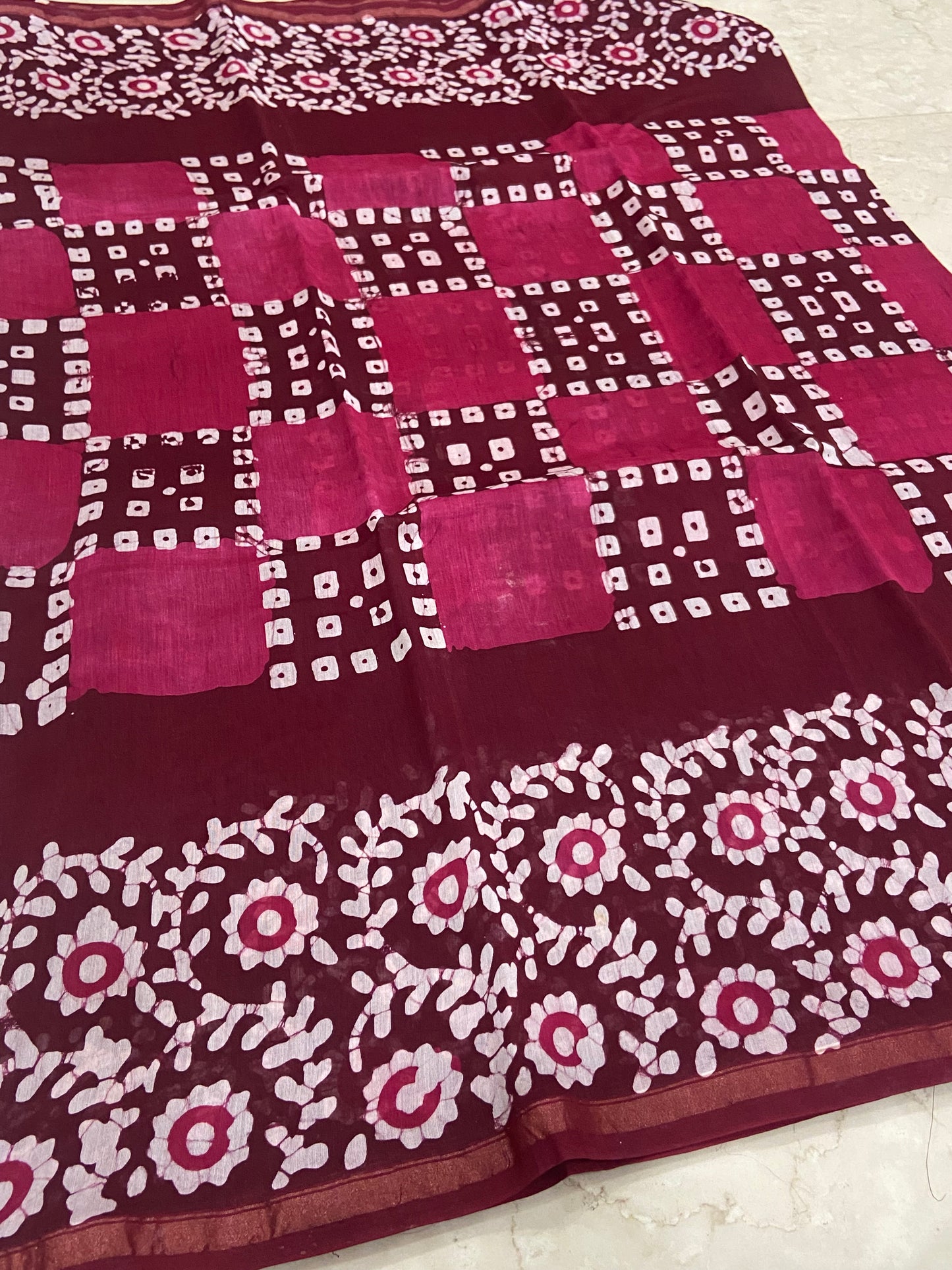 Red and pink checks chanderi cotton silk saree