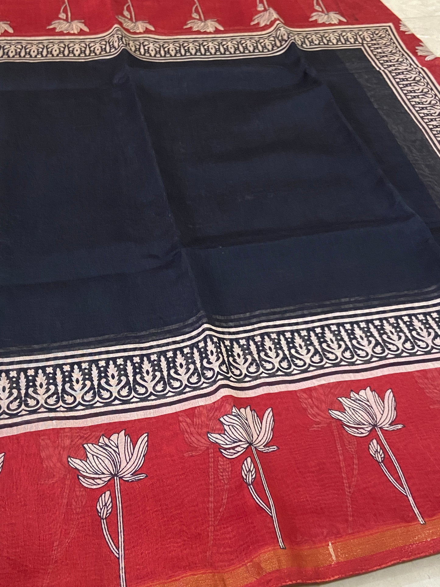 Black and red flowers border chanderi cotton silk saree