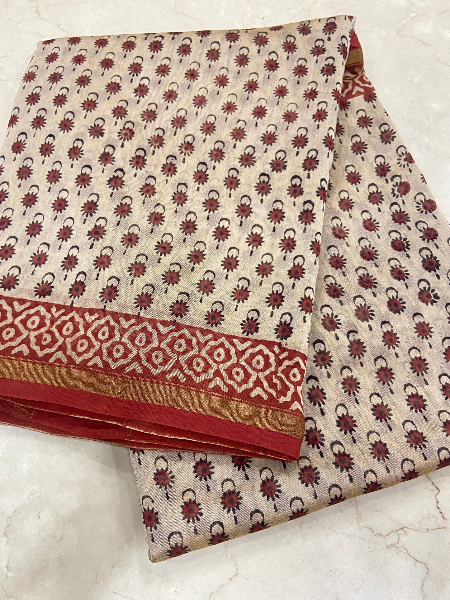 Cream white and red chanderi cotton silk saree