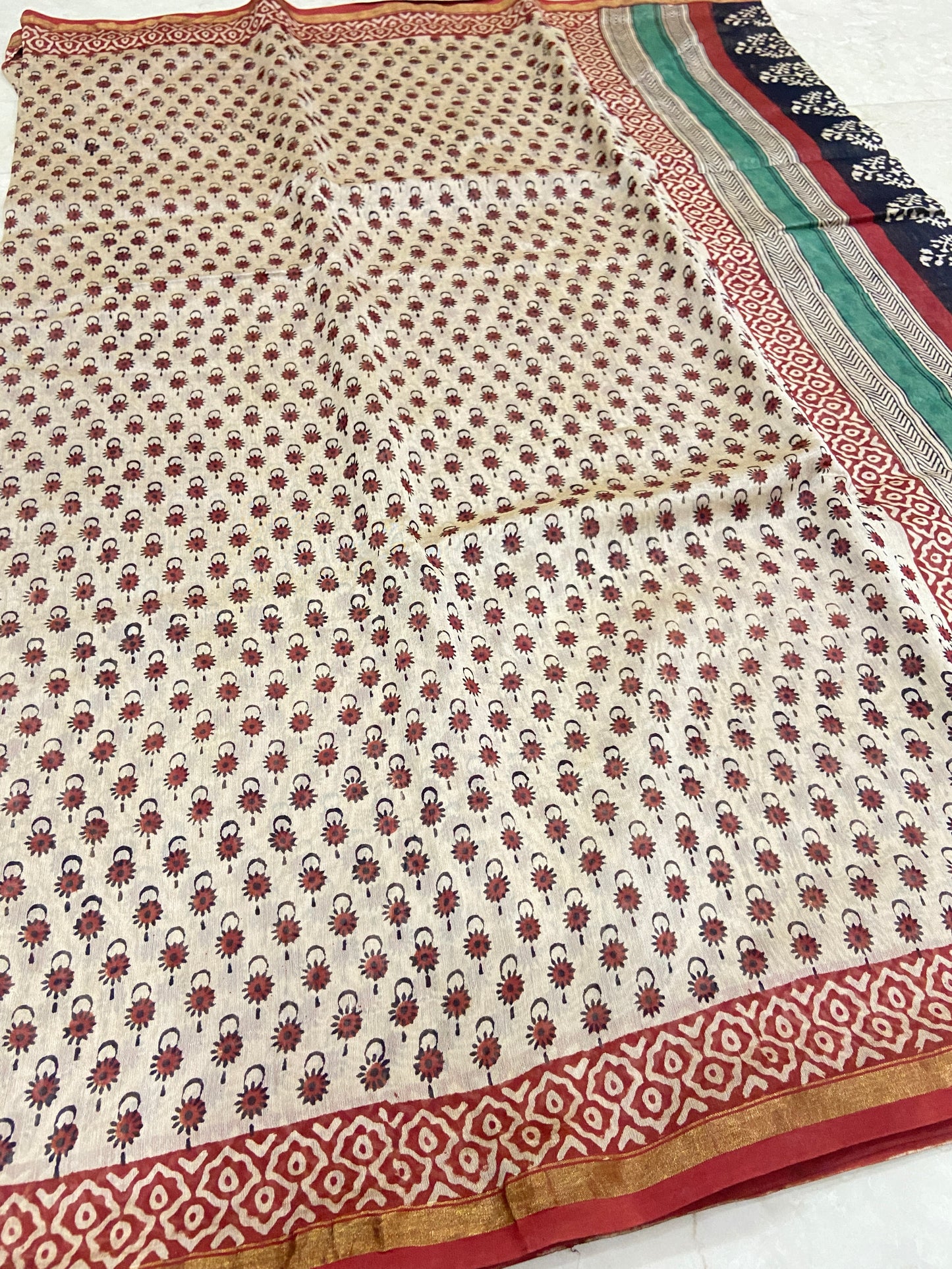 Cream white and red chanderi cotton silk saree