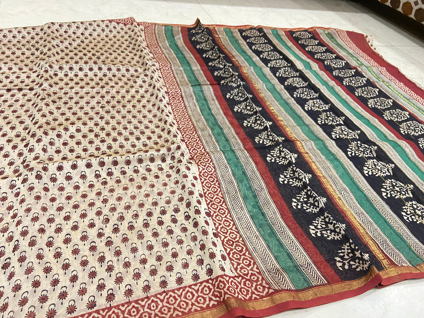Cream white and red chanderi cotton silk saree