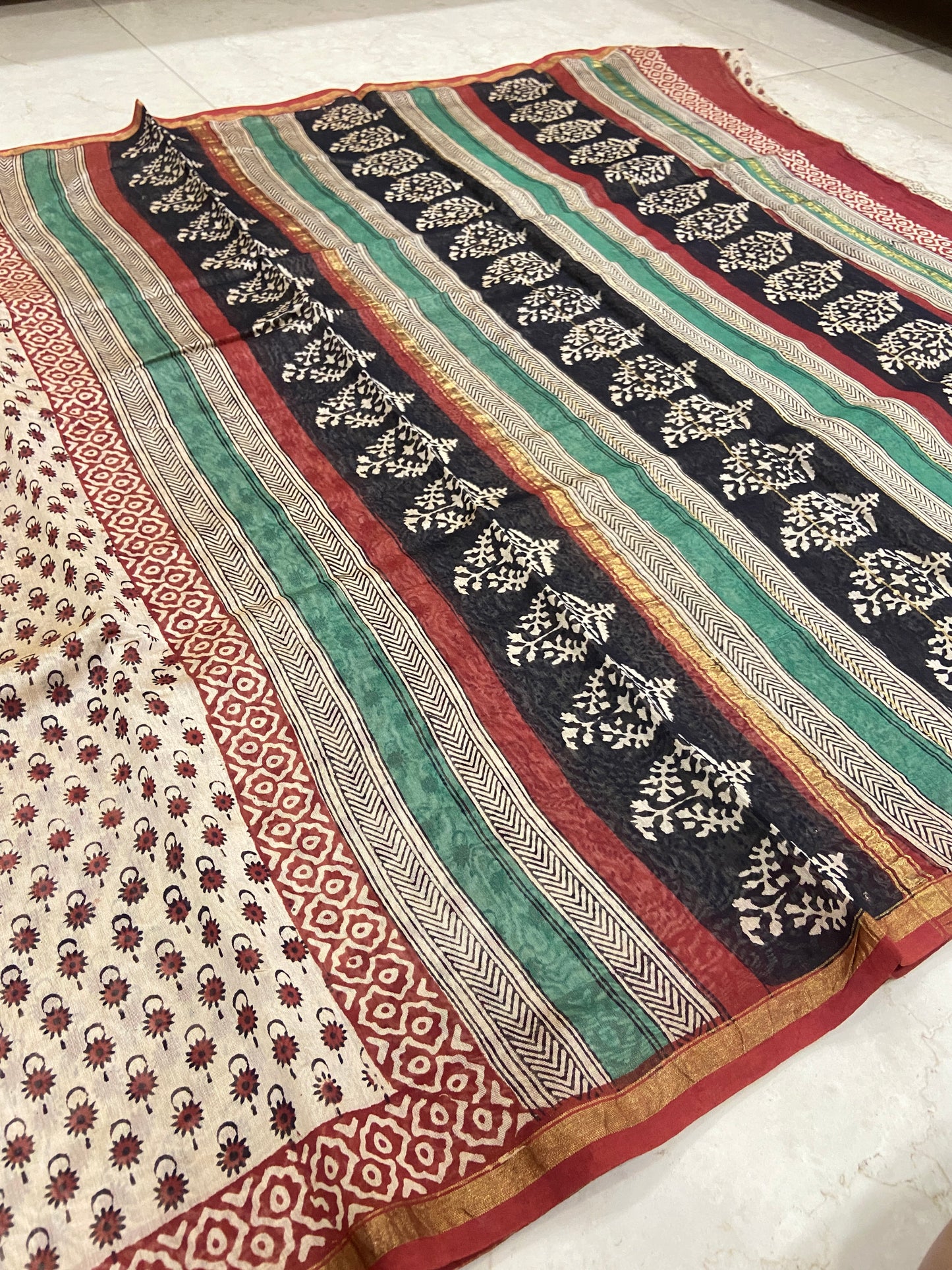 Cream white and red chanderi cotton silk saree