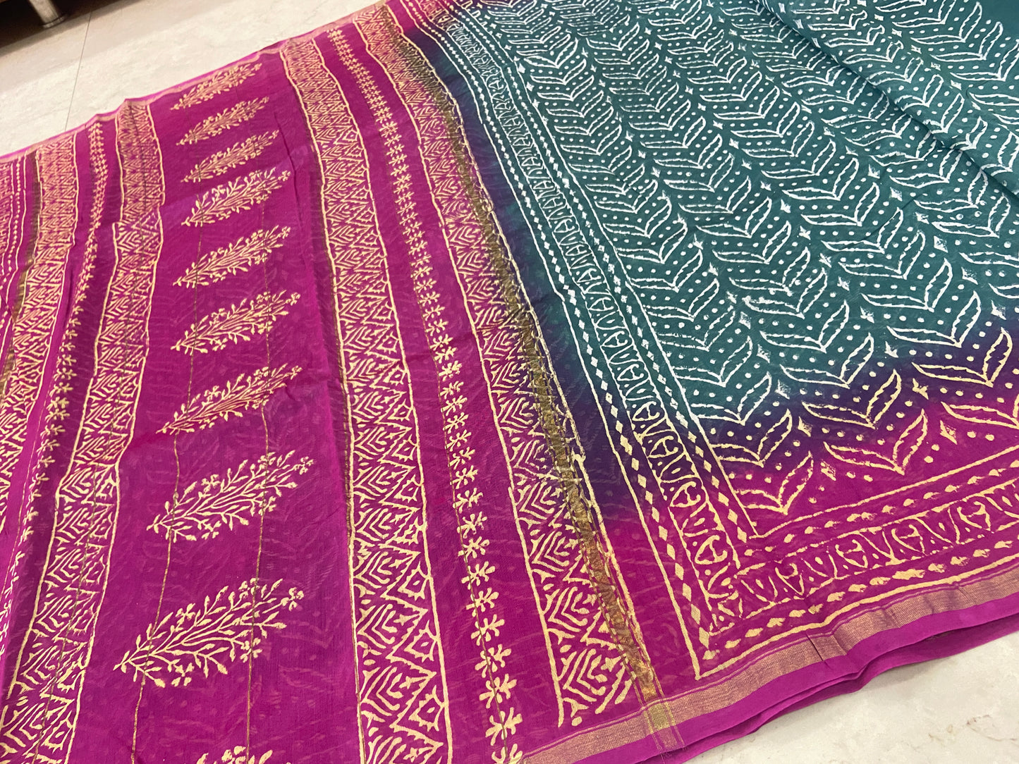 Morpankh green and pink chanderi cotton silk saree