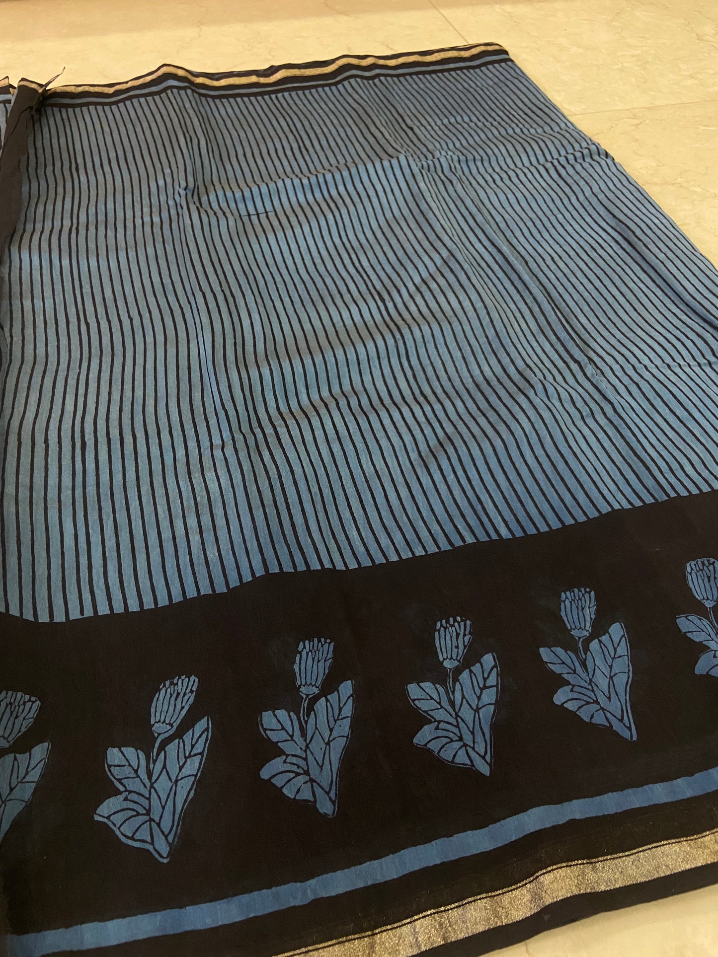 Blue stripes chanderi cotton silk saree
