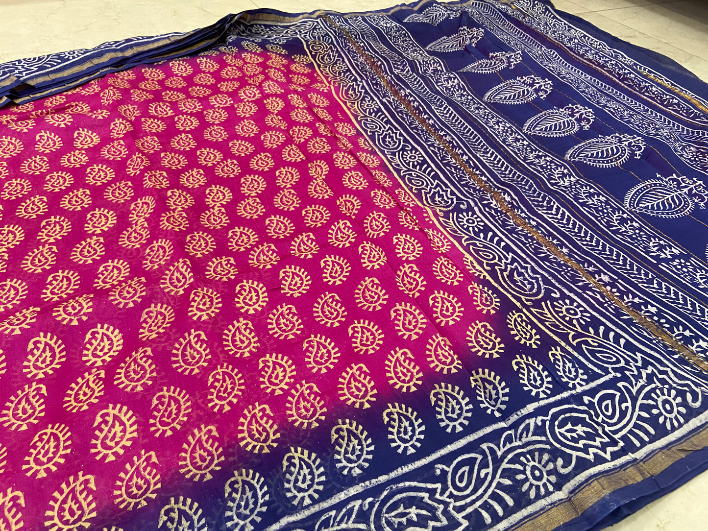 Pink and blue chanderi cotton silk saree