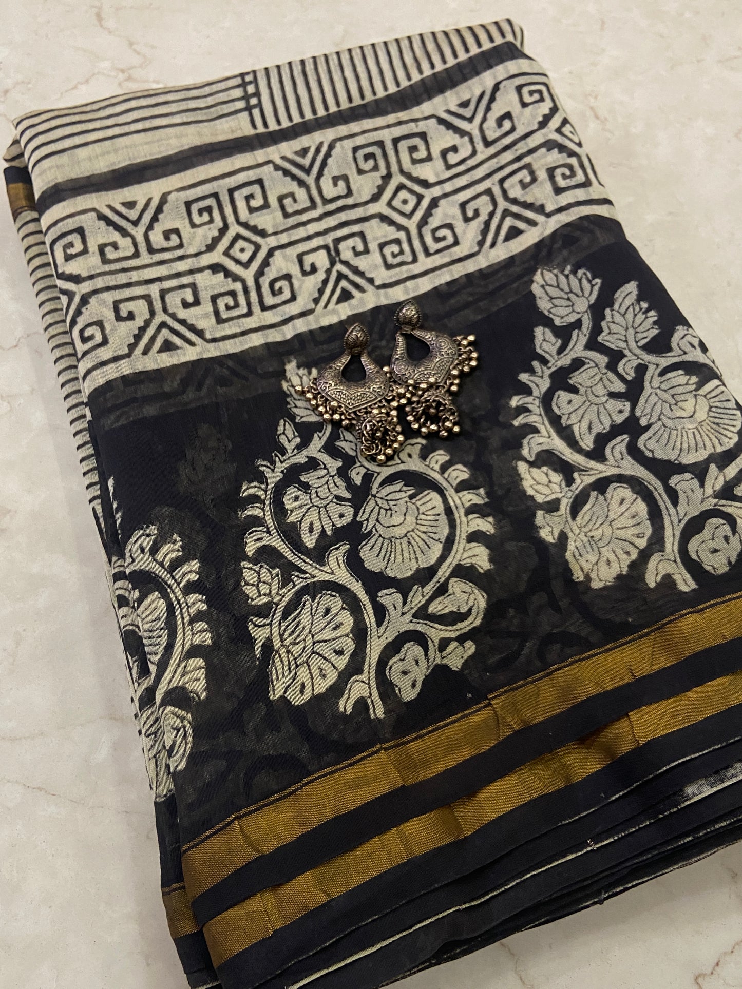 Black and white checkered chanderi cotton silk saree