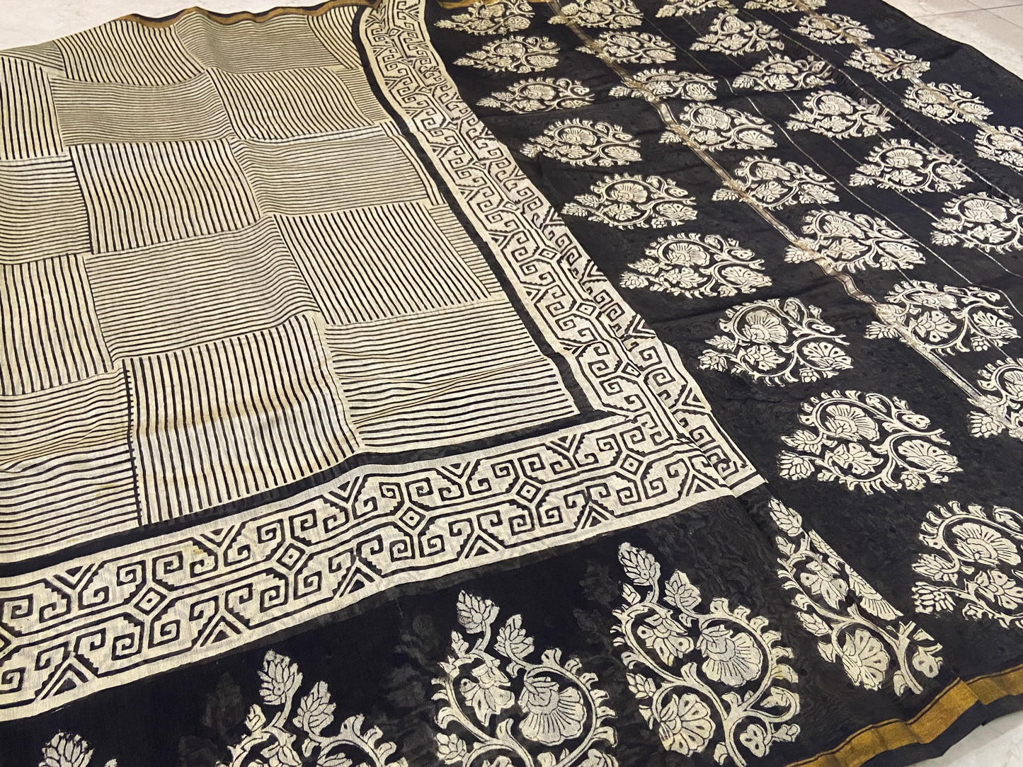 Black and white checkered chanderi cotton silk saree